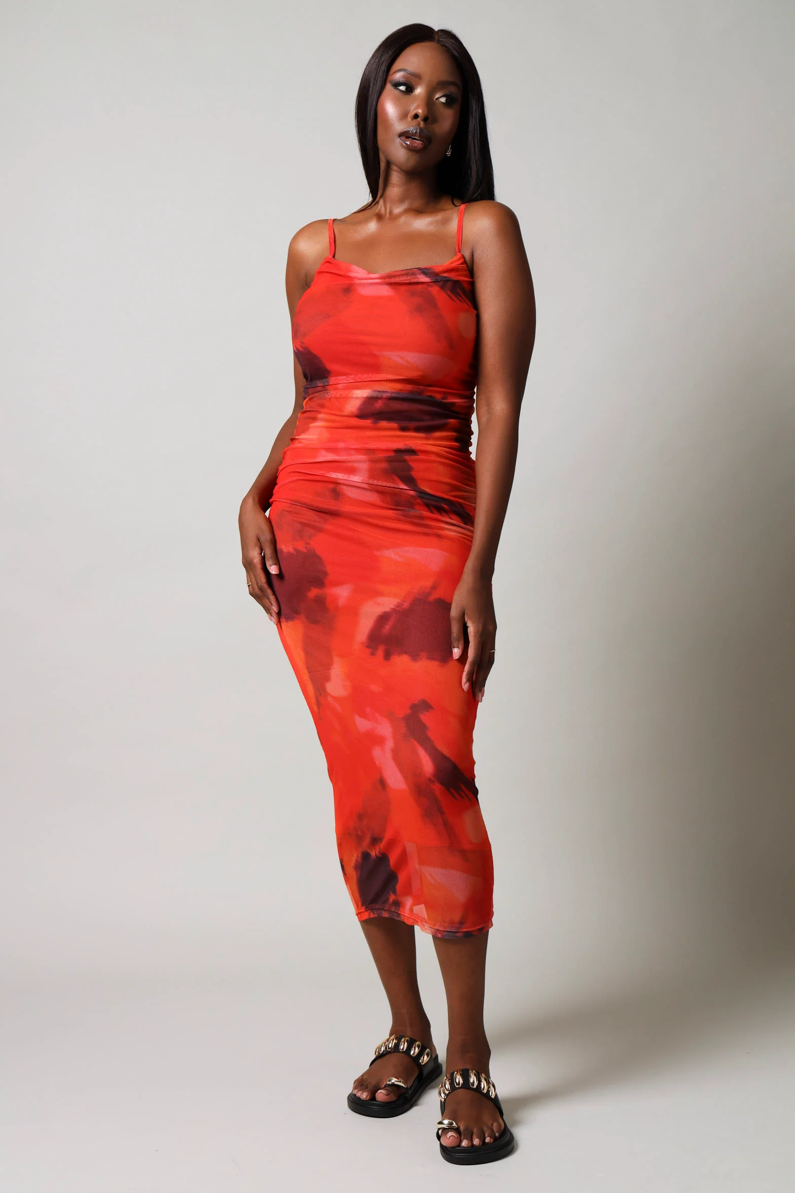 Sleeveless Mesh Ruched Dress - Orange - Image 5