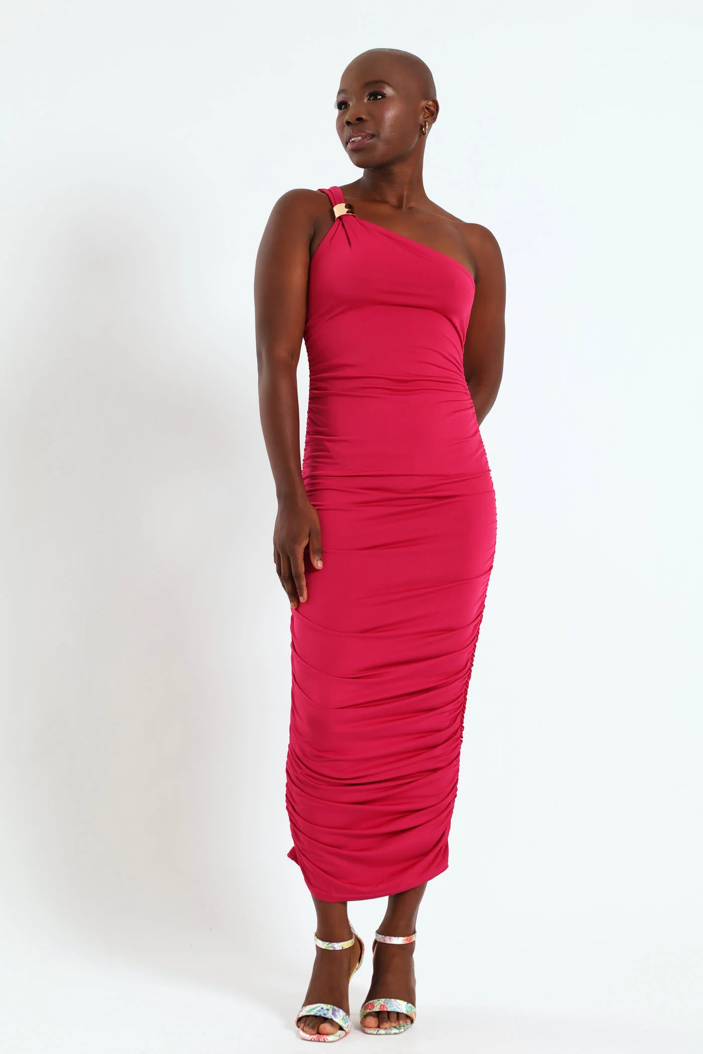 Sleeveless Metal Trim Detail Ruched Dress - Pink
