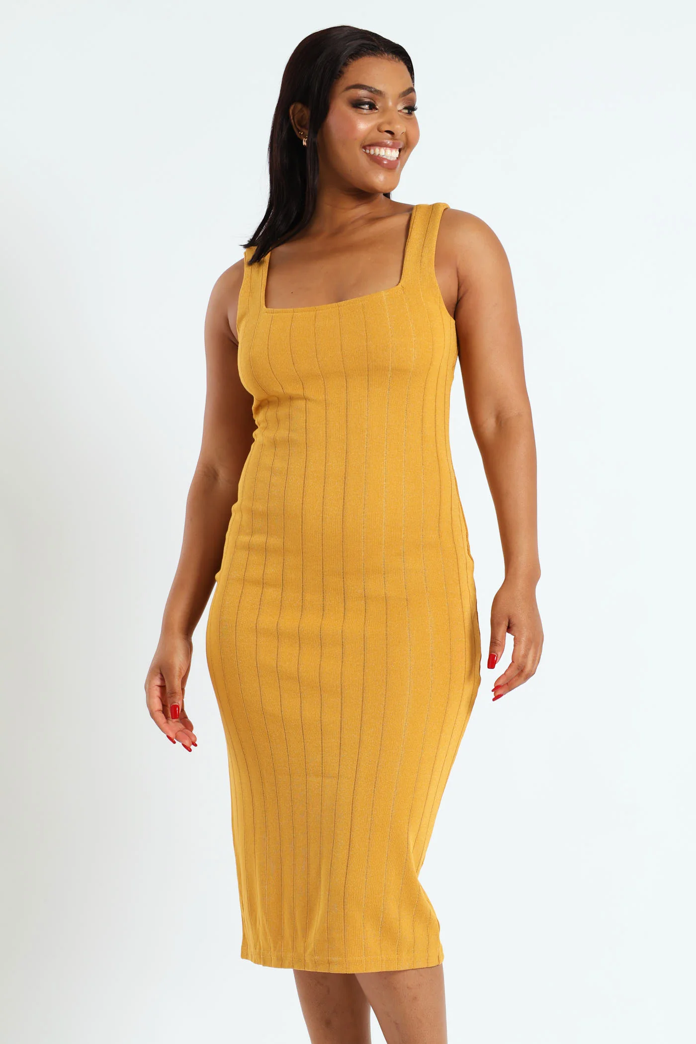 Sleeveless Metallic Knit Dress - Mustard