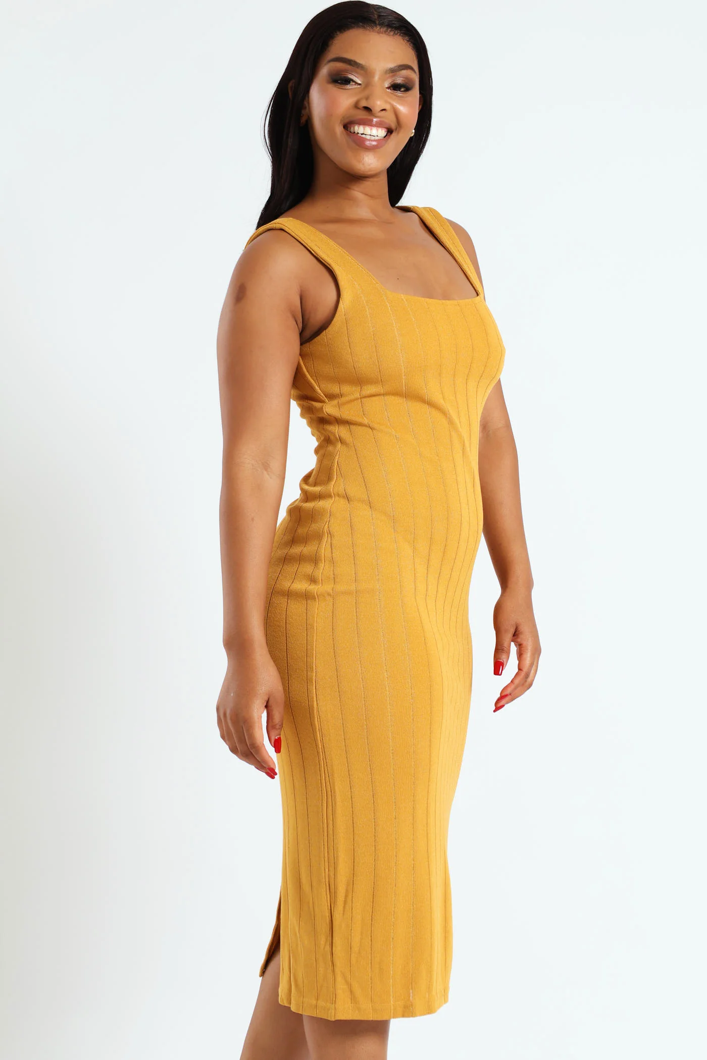 Sleeveless Metallic Knit Dress - Mustard - Image 2