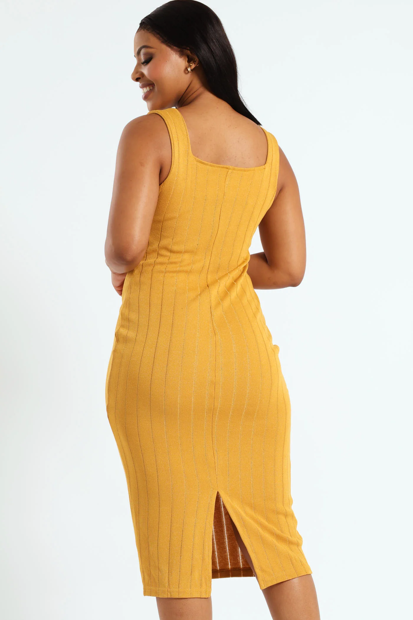 Sleeveless Metallic Knit Dress - Mustard - Image 3