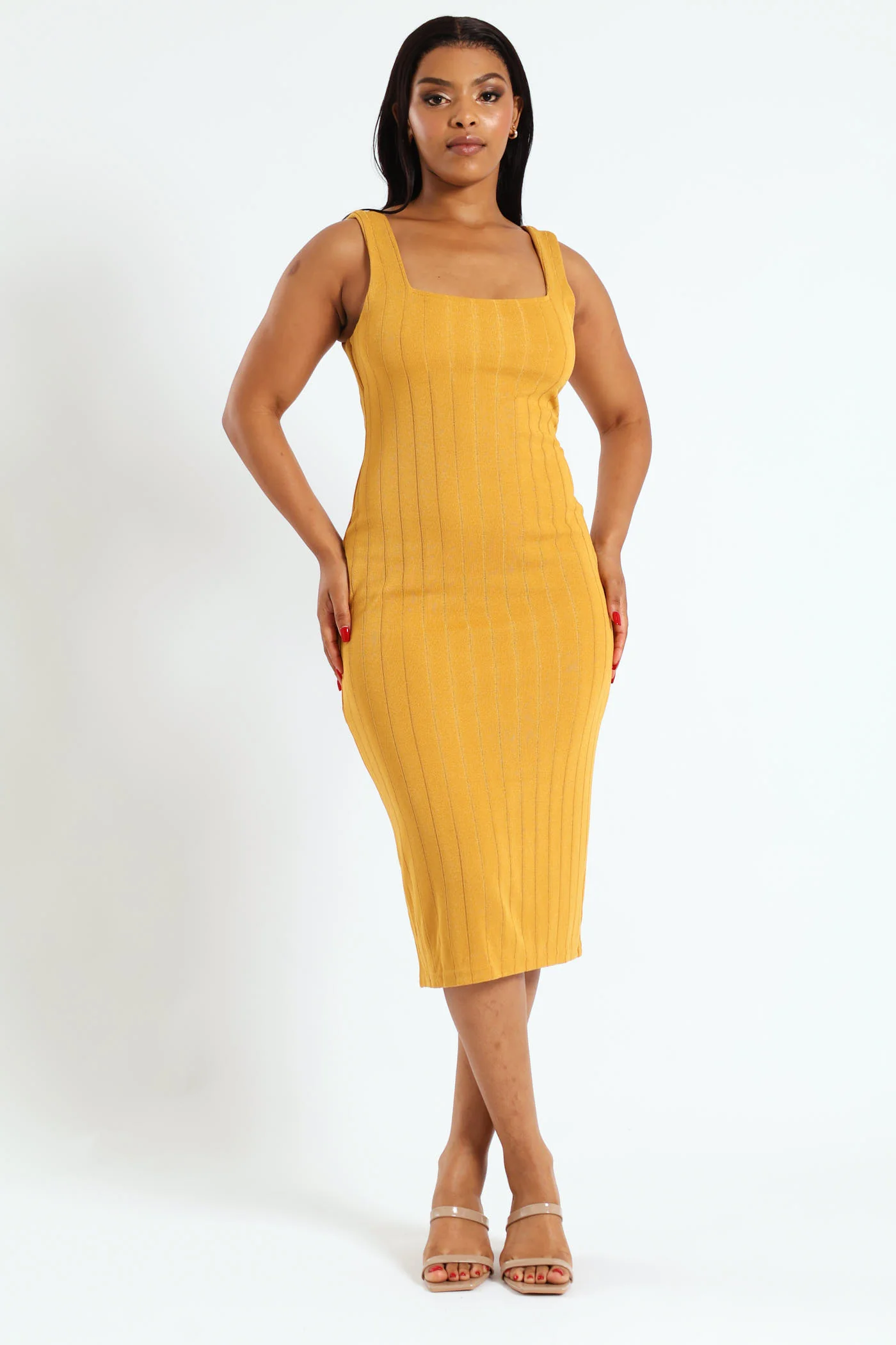 Sleeveless Metallic Knit Dress - Mustard - Image 4