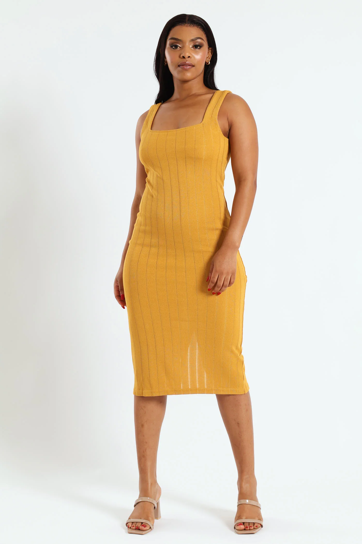 Sleeveless Metallic Knit Dress - Mustard - Image 5