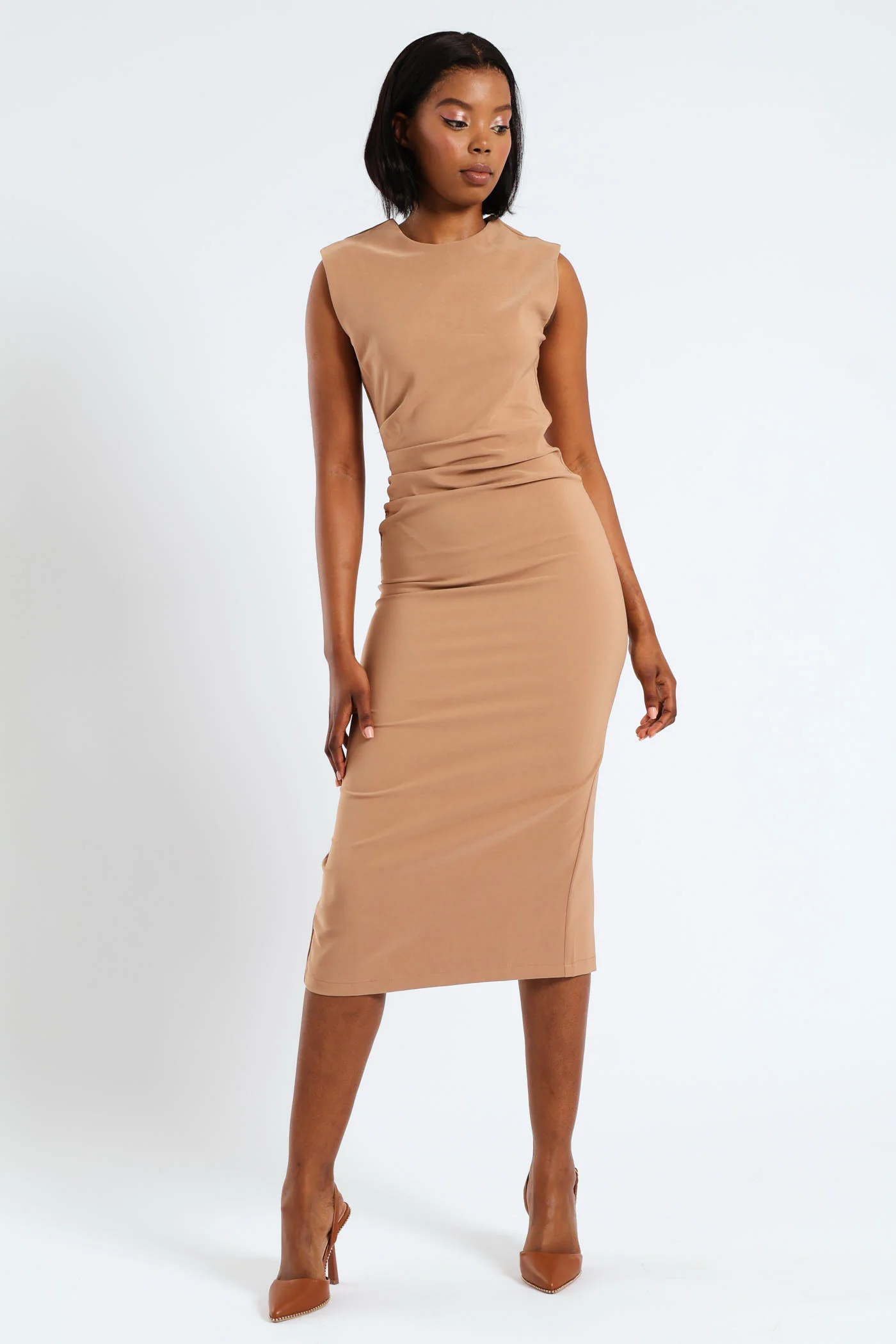 Sleeveless Midi Side Ruching Dress - Tan