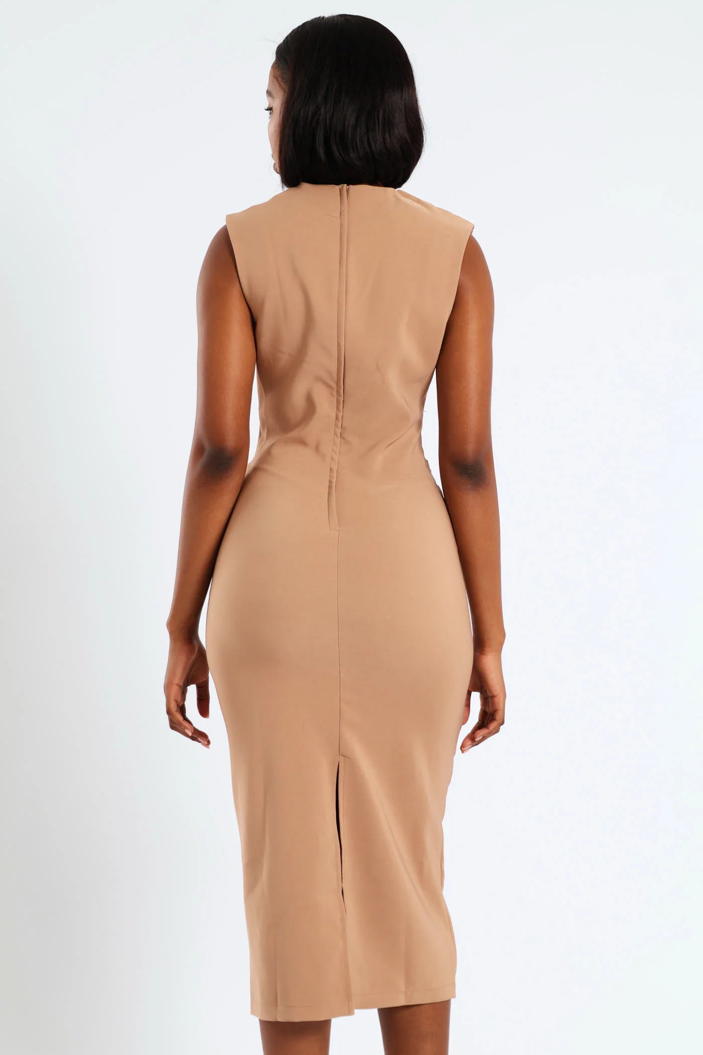 Sleeveless Midi Side Ruching Dress - Tan - Image 5