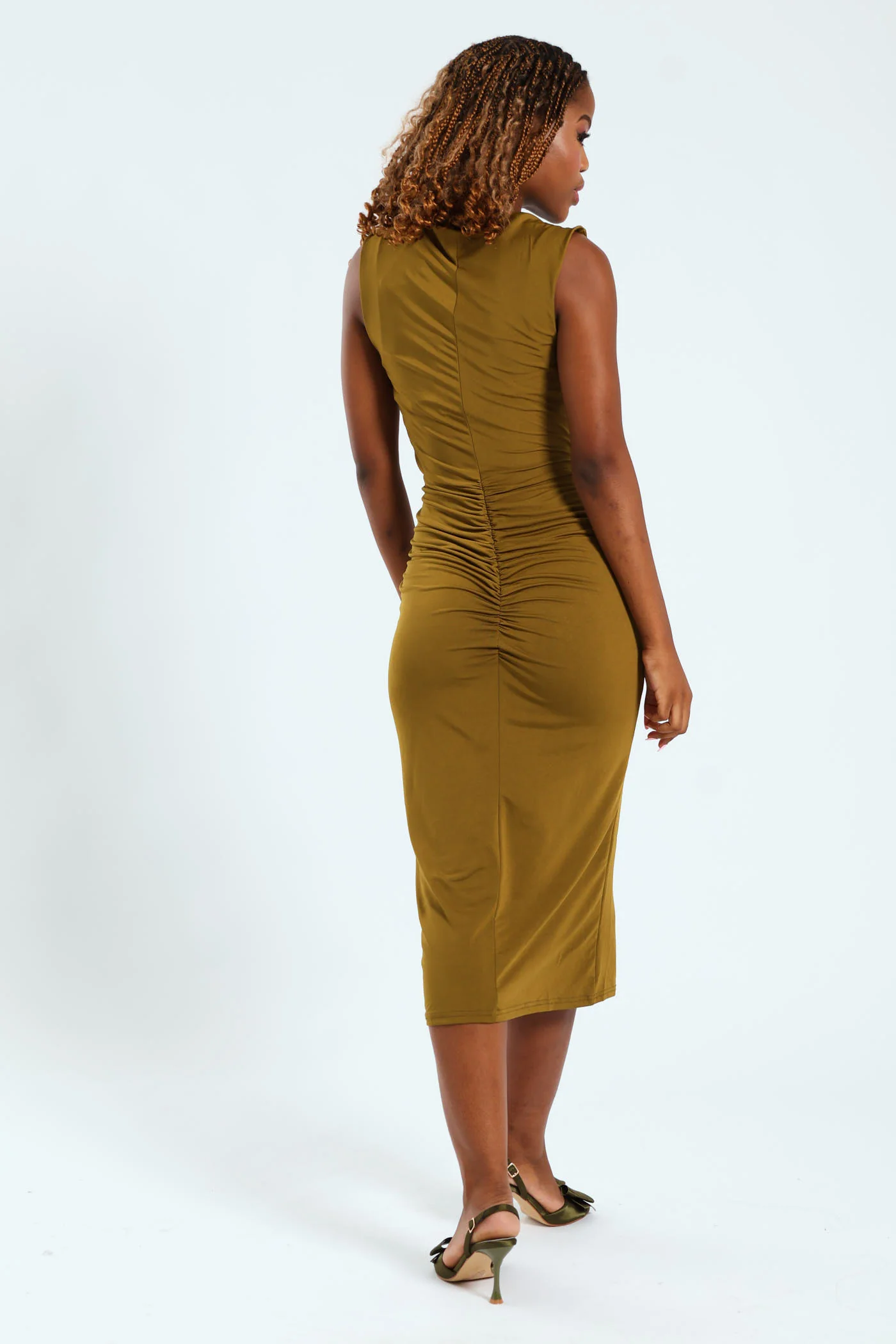 Sleeveless Mock Knot Front With Centre Back Gauging Dress - Chartreuse - Image 3