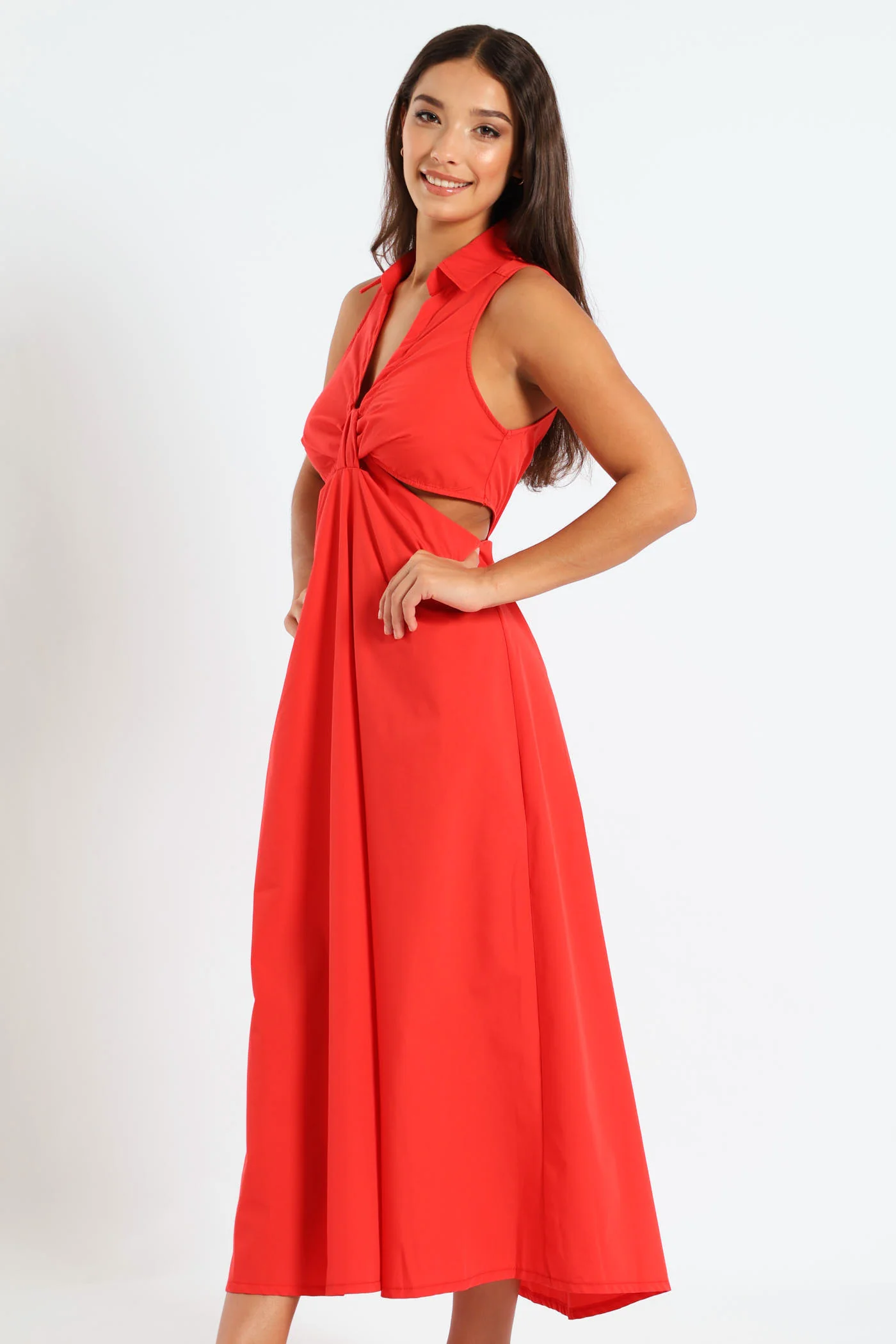 Sleeveless Poplin Dress - Red - Image 7