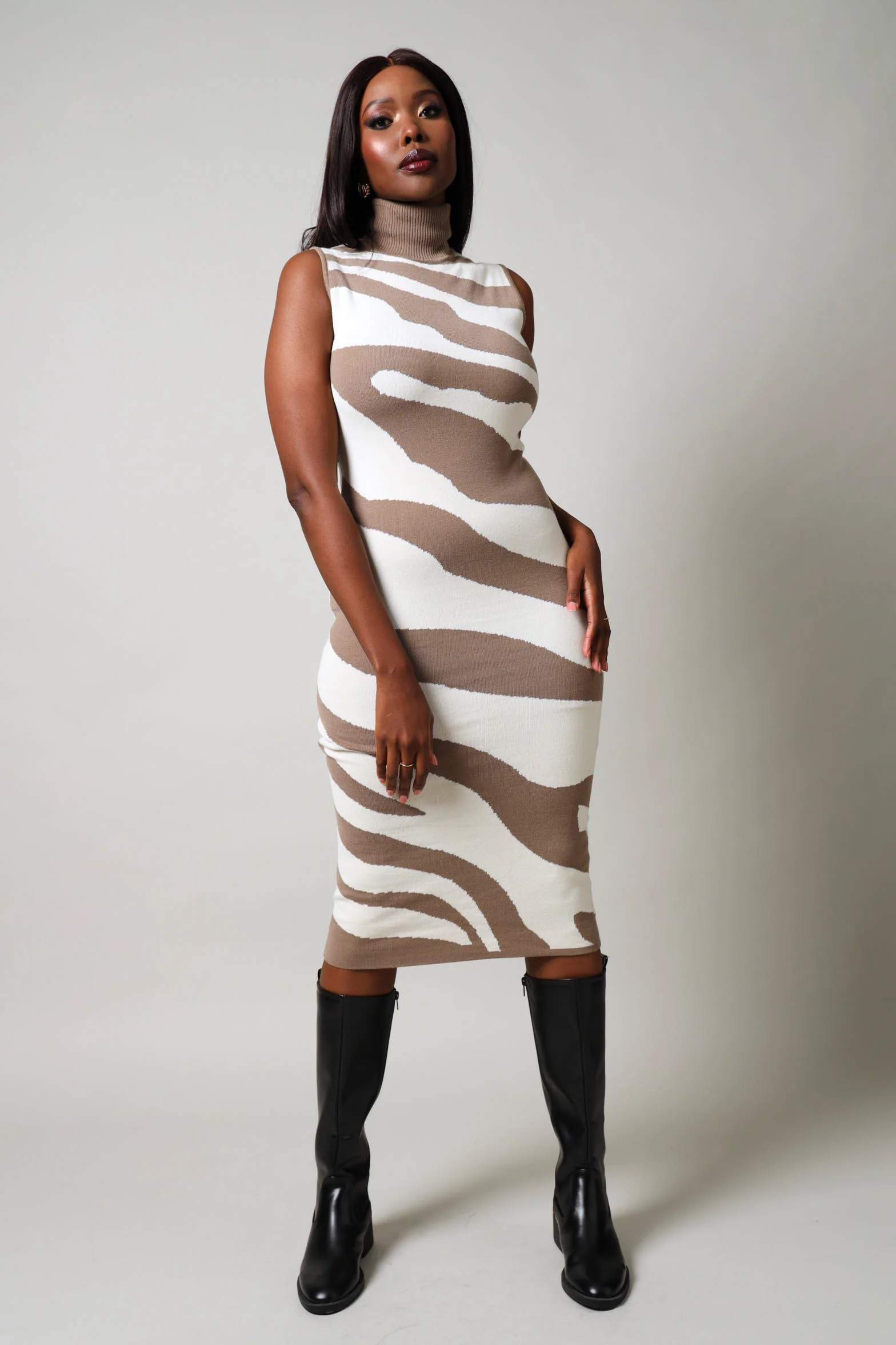 Sleeveless Printed Knitwear Dress - Nude