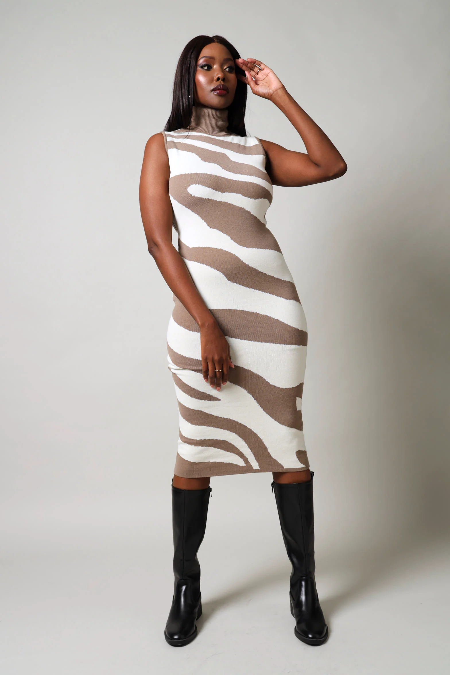 Sleeveless Printed Knitwear Dress - Nude - Image 4