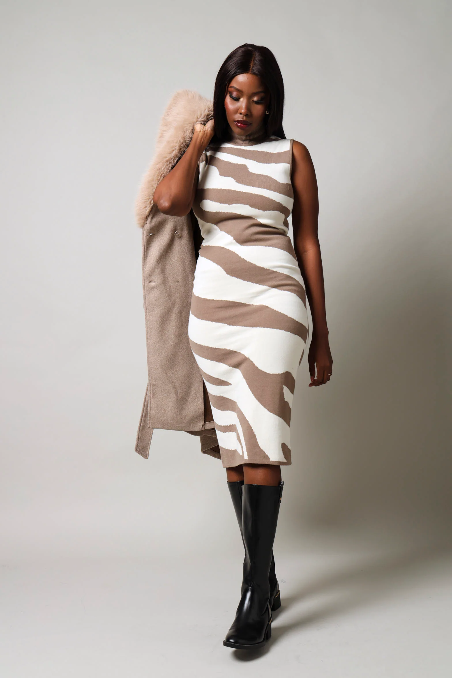 Sleeveless Printed Knitwear Dress - Nude - Image 6