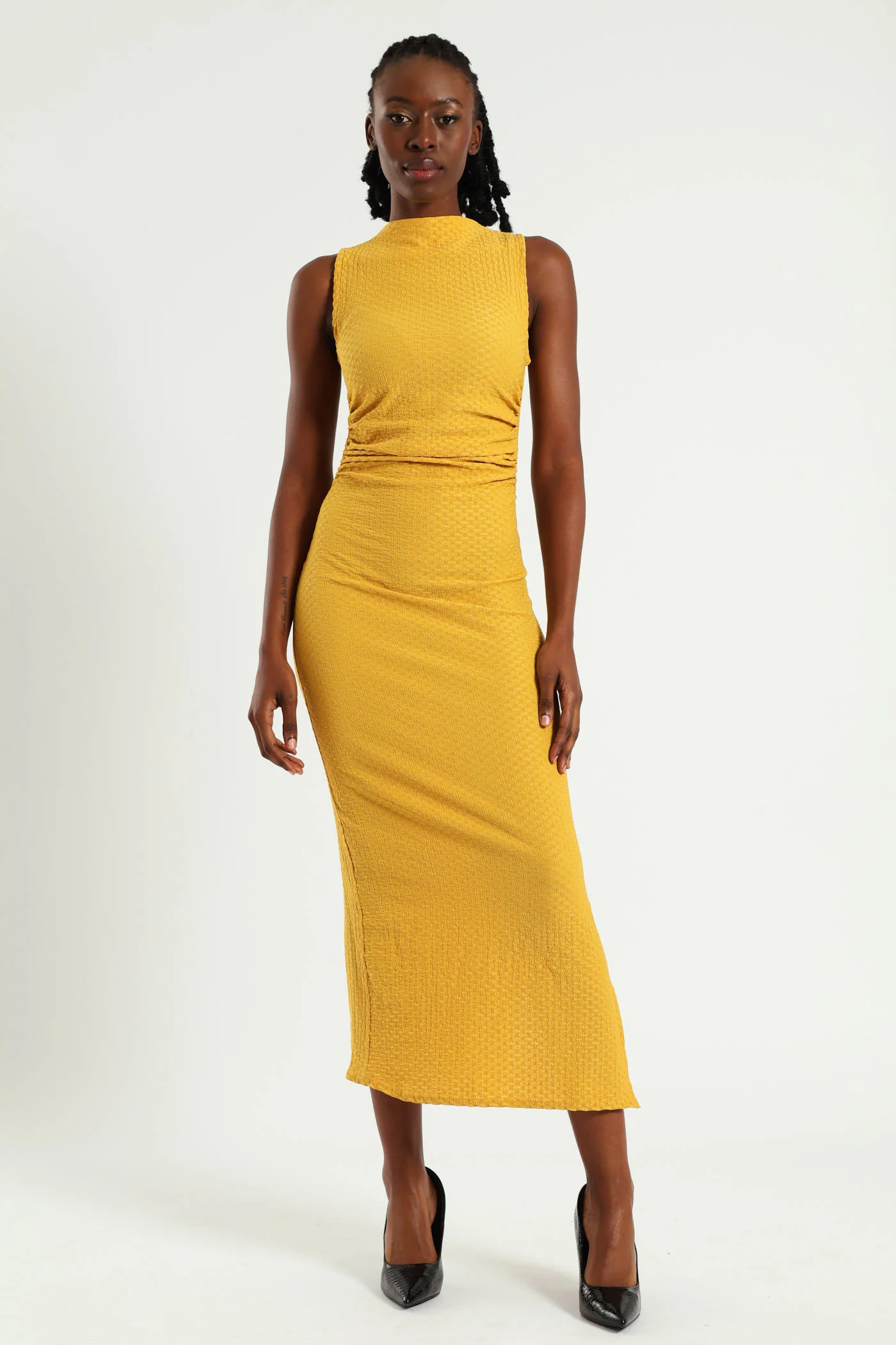 Sleeveless Ruched Bodycon Dress - Mustard
