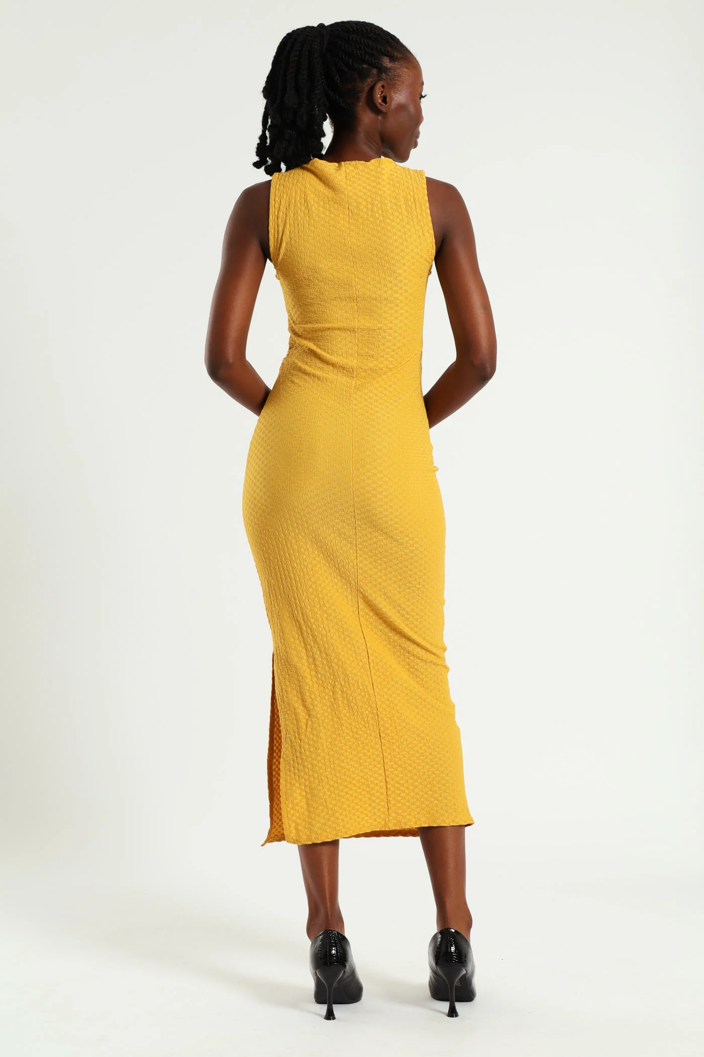 Sleeveless Ruched Bodycon Dress - Mustard - Image 5