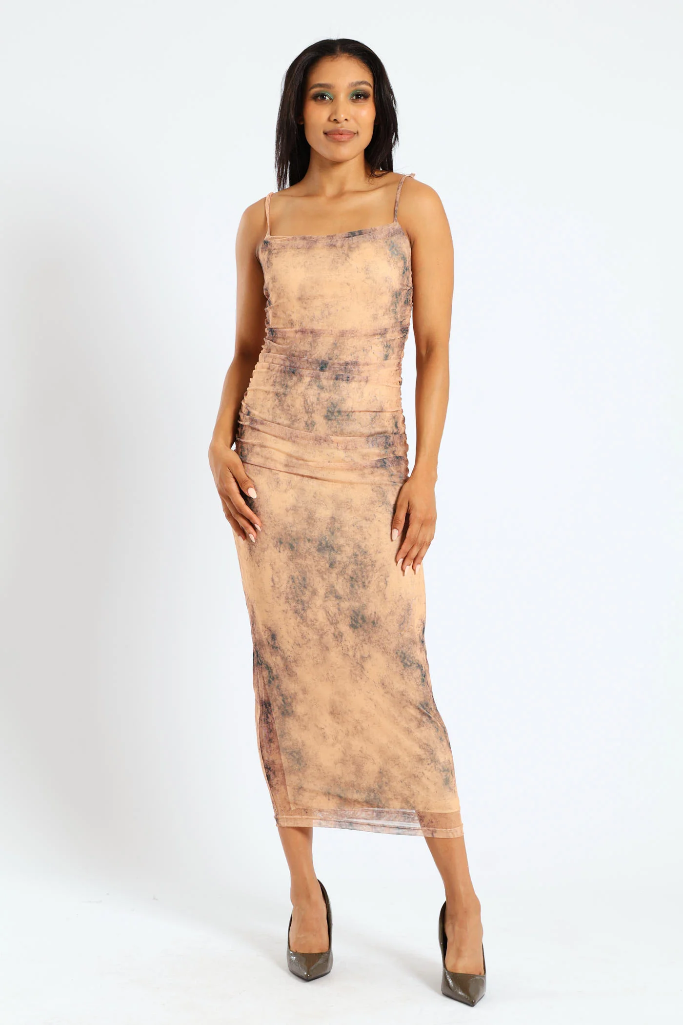 Sleeveless Ruched Mesh Dress - Beige