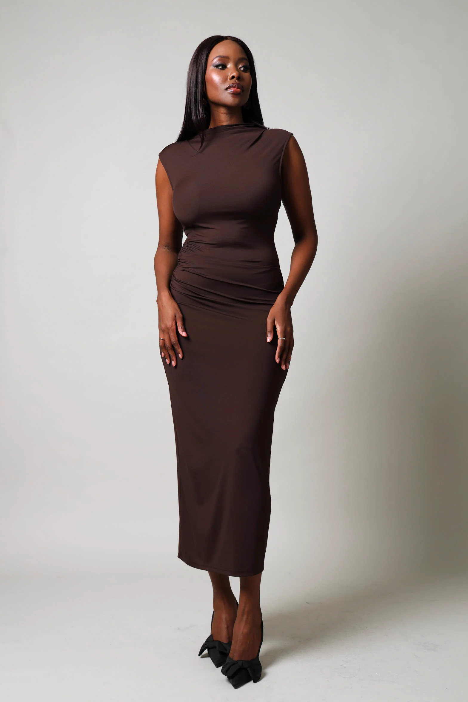 Sleeveless Ruched Slinky Dress - Brown - Image 7