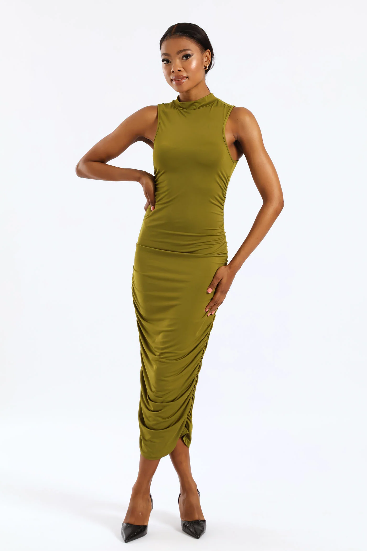 Sleeveless Ruched Slinky Dress - Green