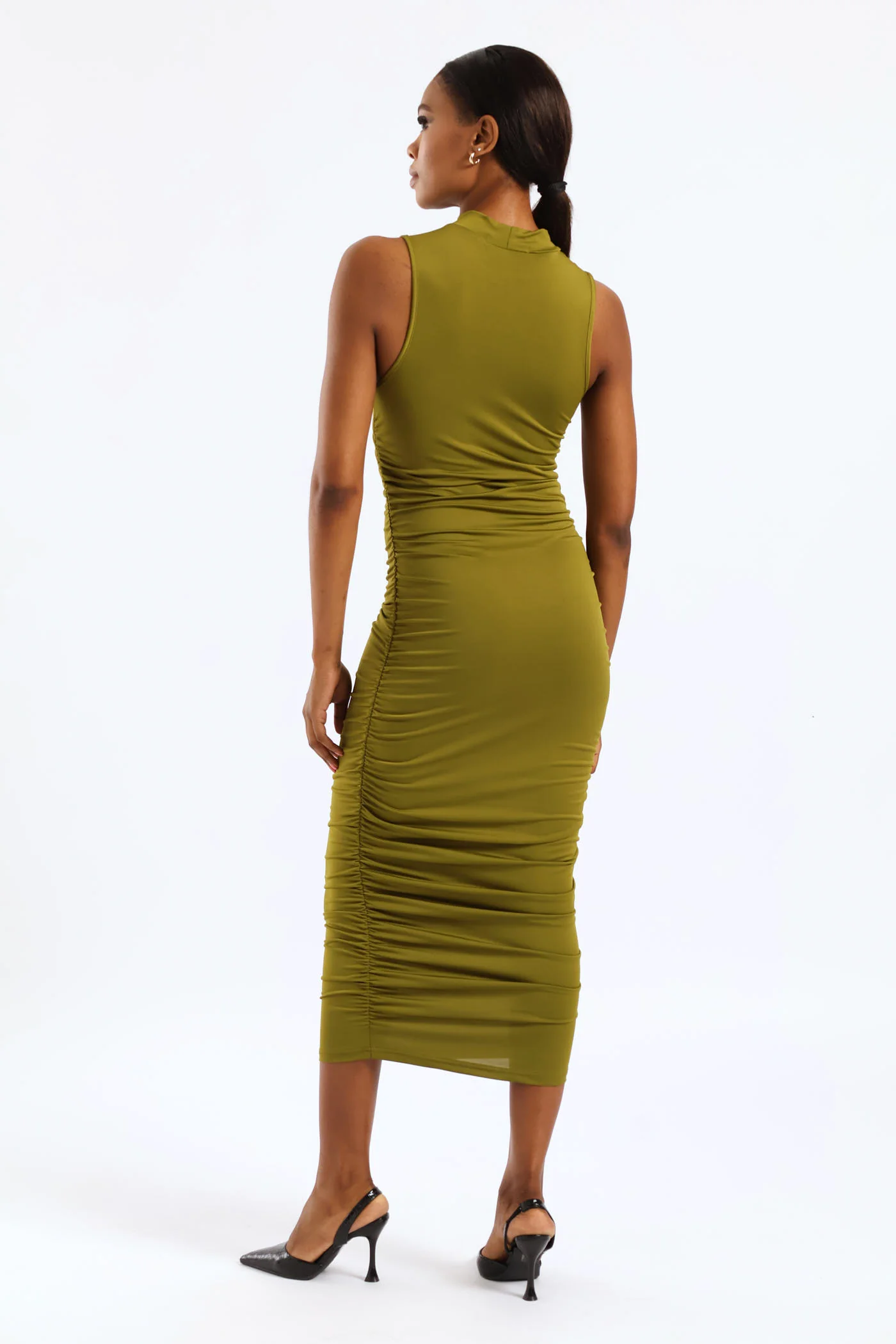 Sleeveless Ruched Slinky Dress - Green - Image 2