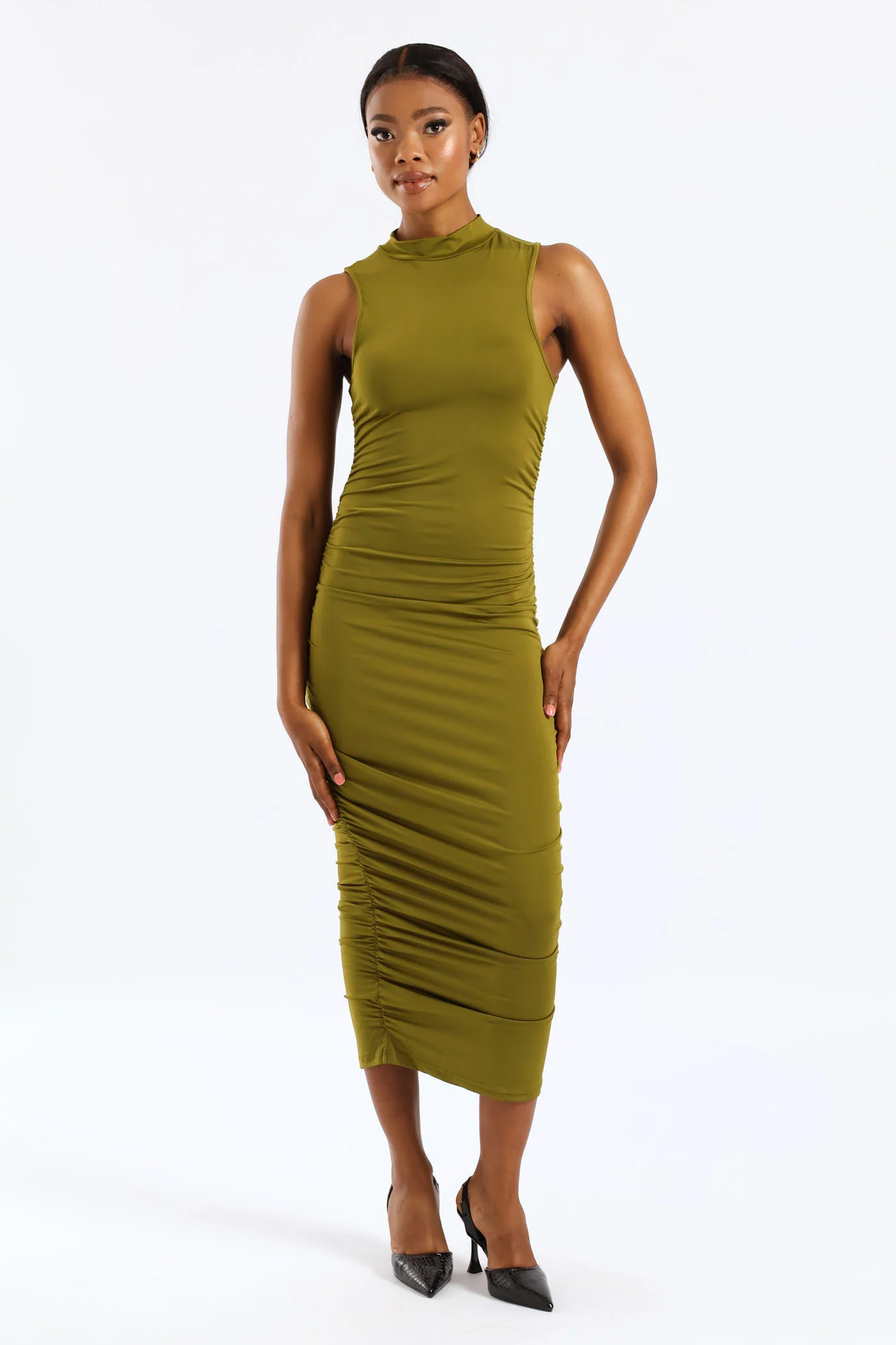 Sleeveless Ruched Slinky Dress - Green - Image 5