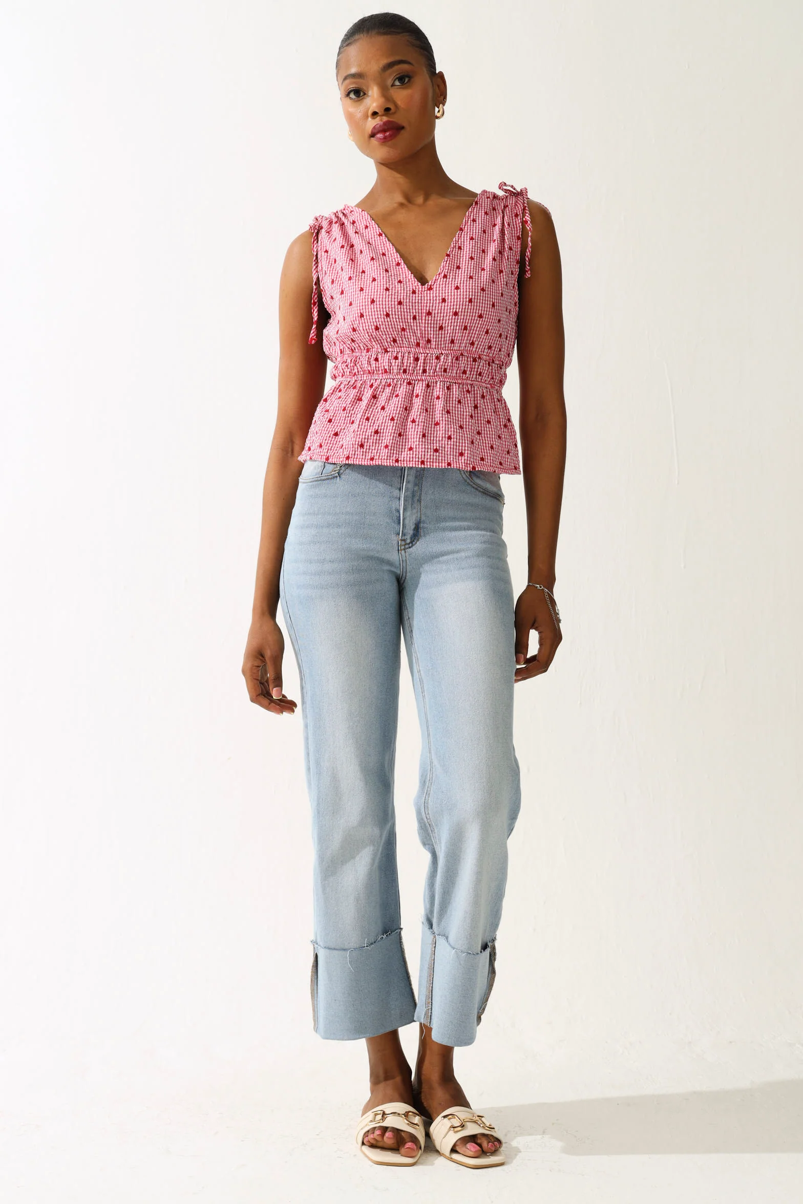 Sleeveless Ruched Waist Gingham Blouse - Pink