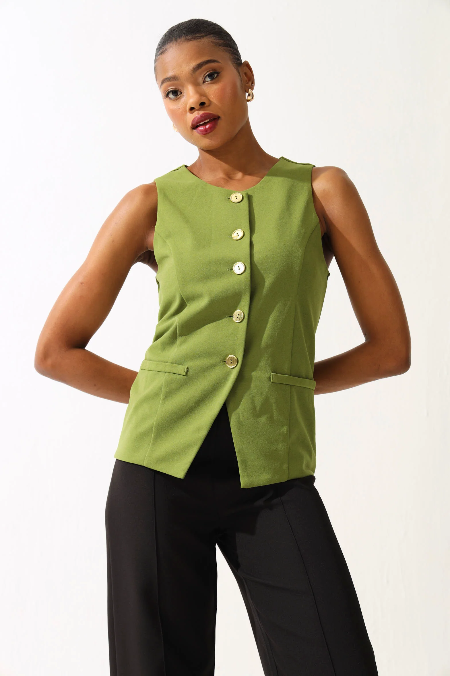 Sleeveless Scuba Crepe Waistcoat - Green - Image 2