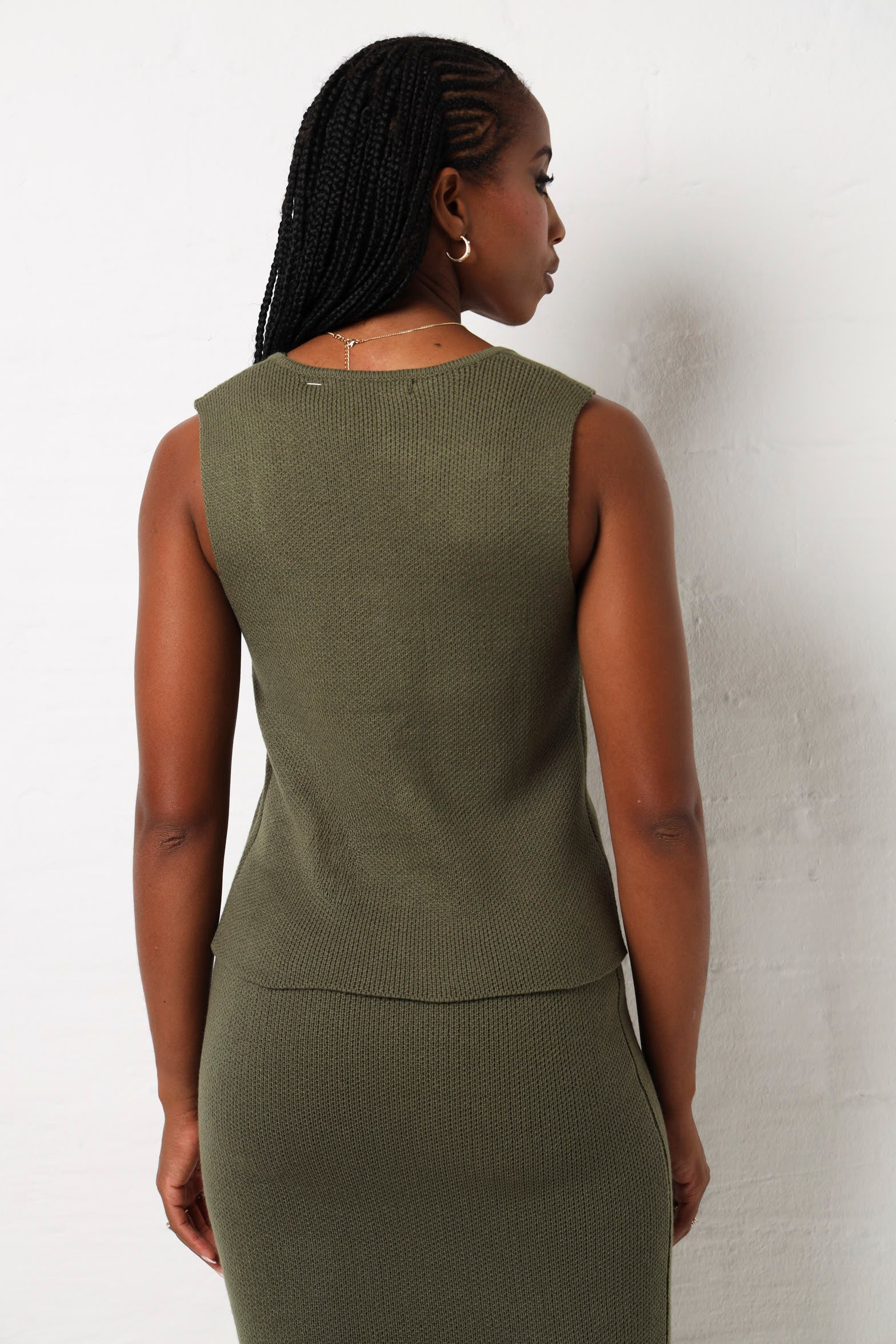 Sleeveless Square Neck Covered Button Front Cardi - Fatigue - Image 3