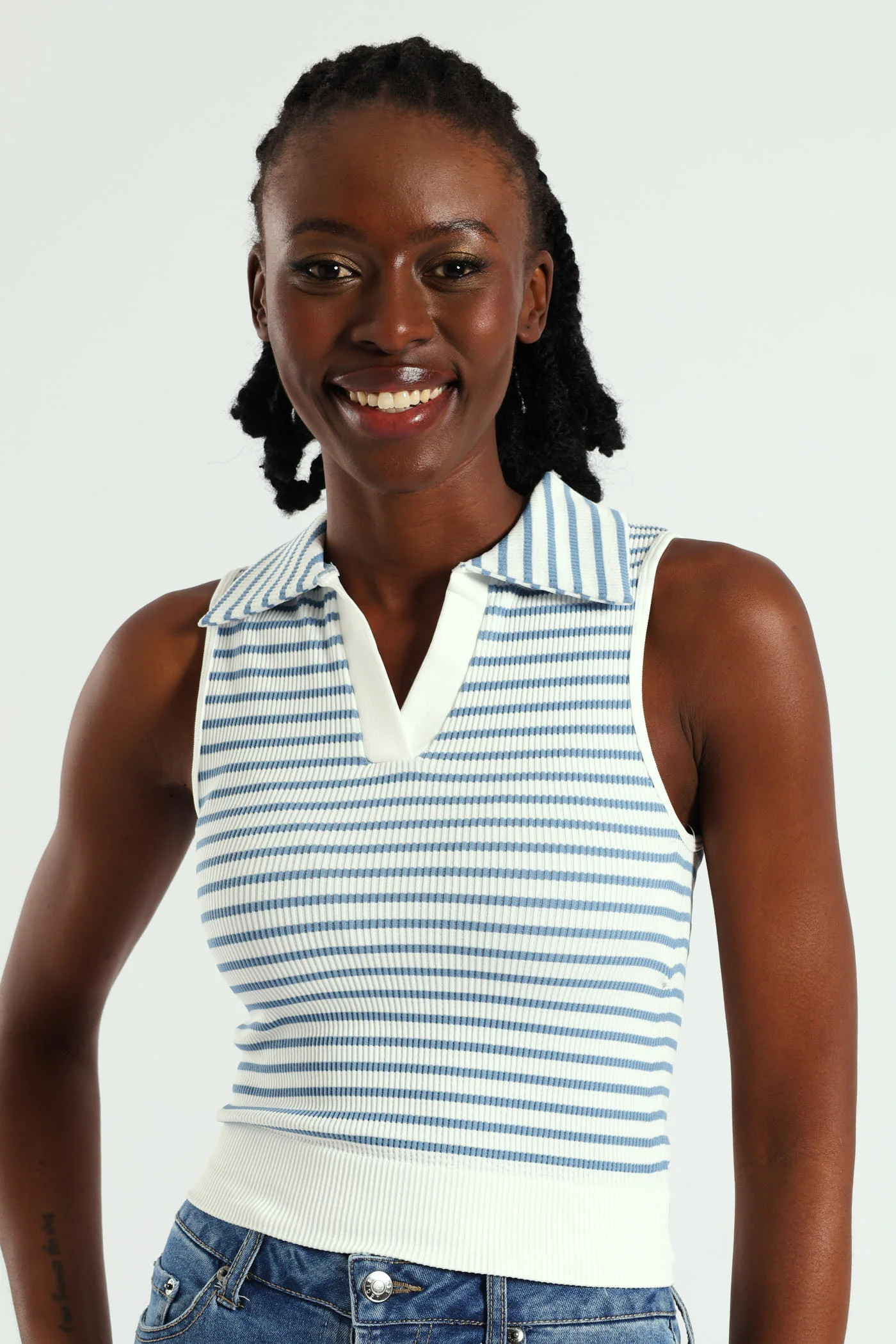 Sleeveless Stripe Seamless Johnny Collar Top - White/Blue