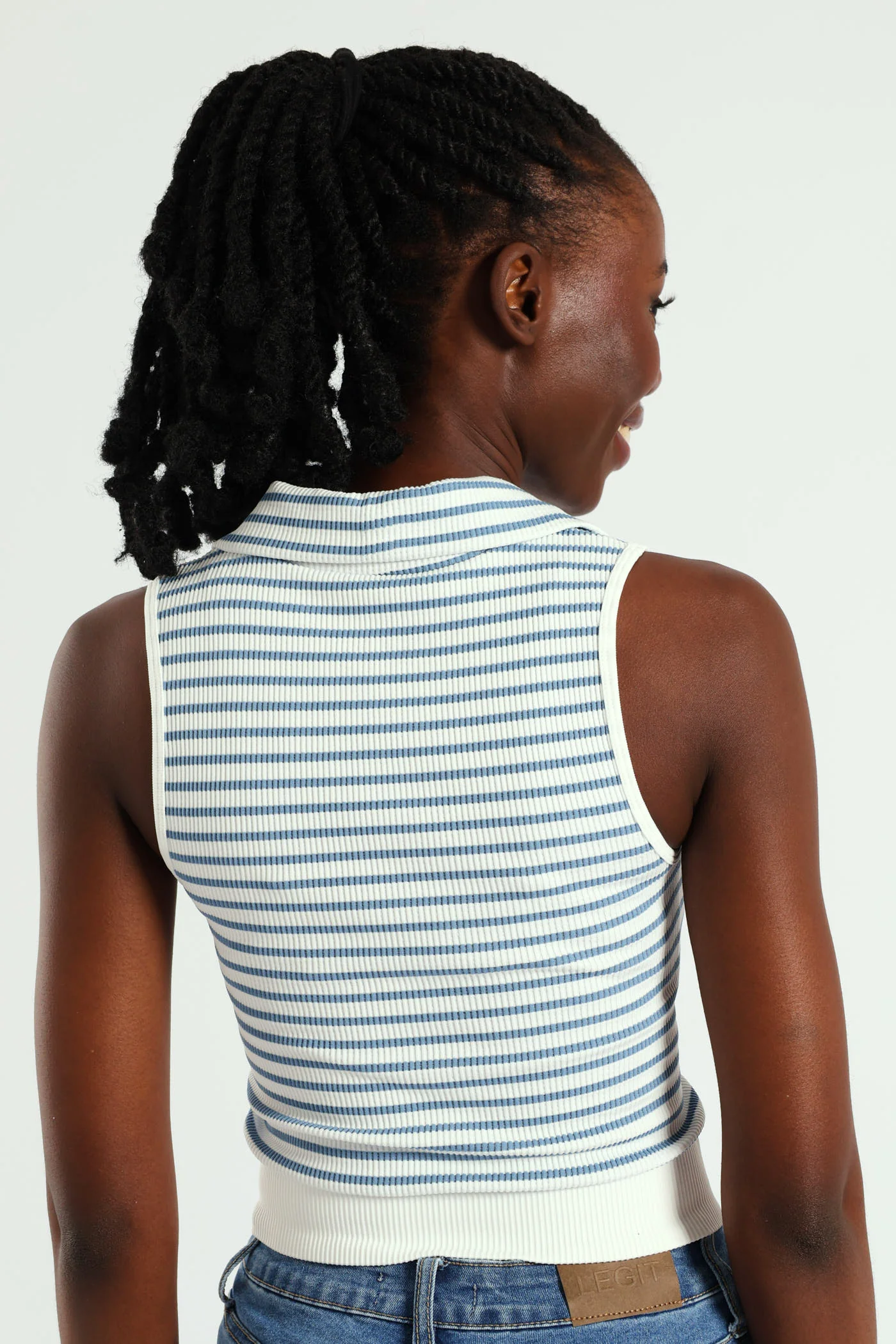 Sleeveless Stripe Seamless Johnny Collar Top - White/Blue - Image 2