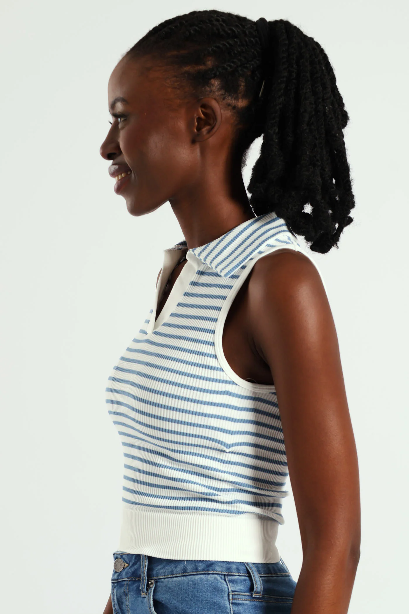 Sleeveless Stripe Seamless Johnny Collar Top - White/Blue - Image 4