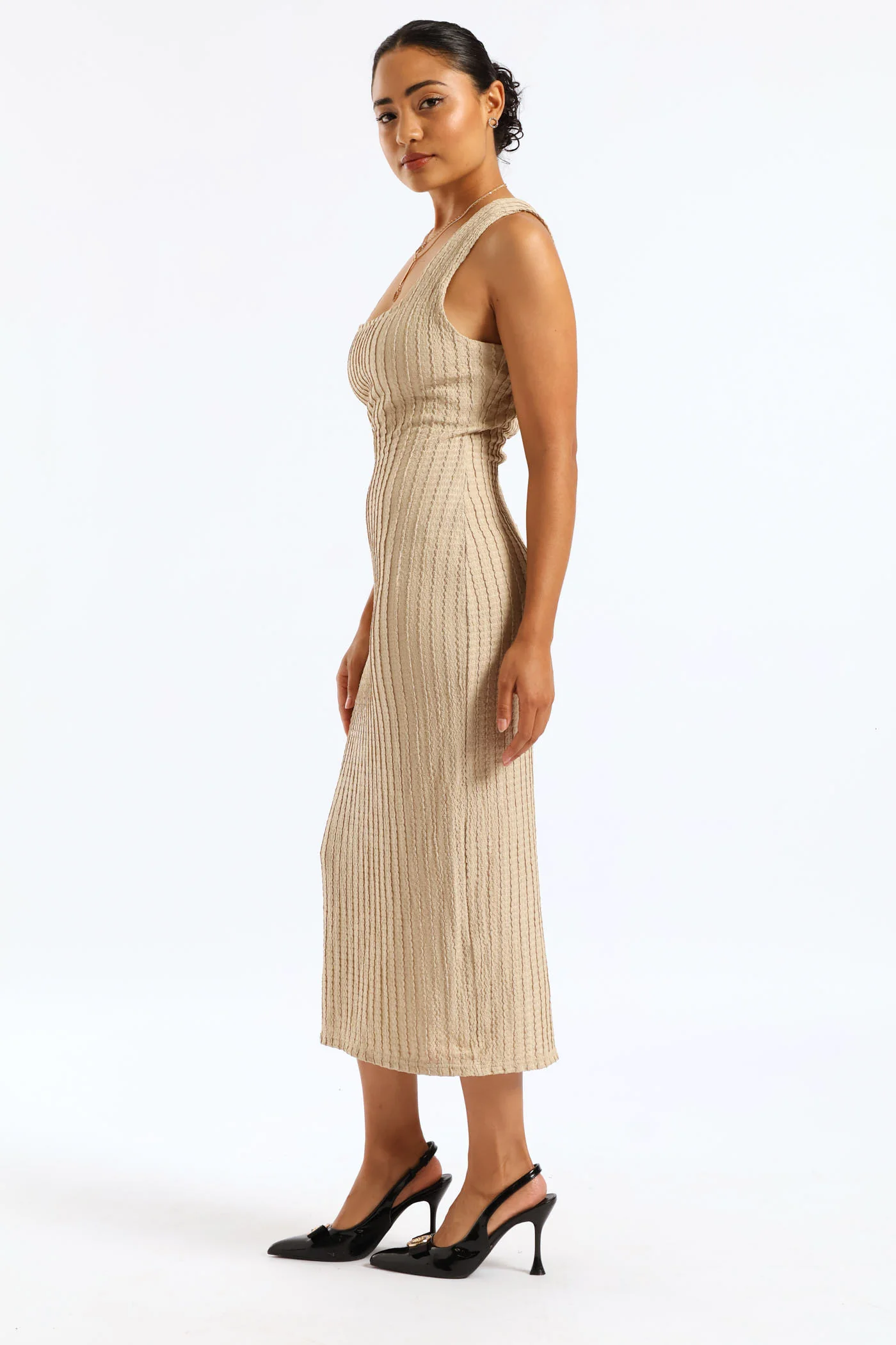 Sleeveless Textured Bodycon Dress - Nude - Image 3