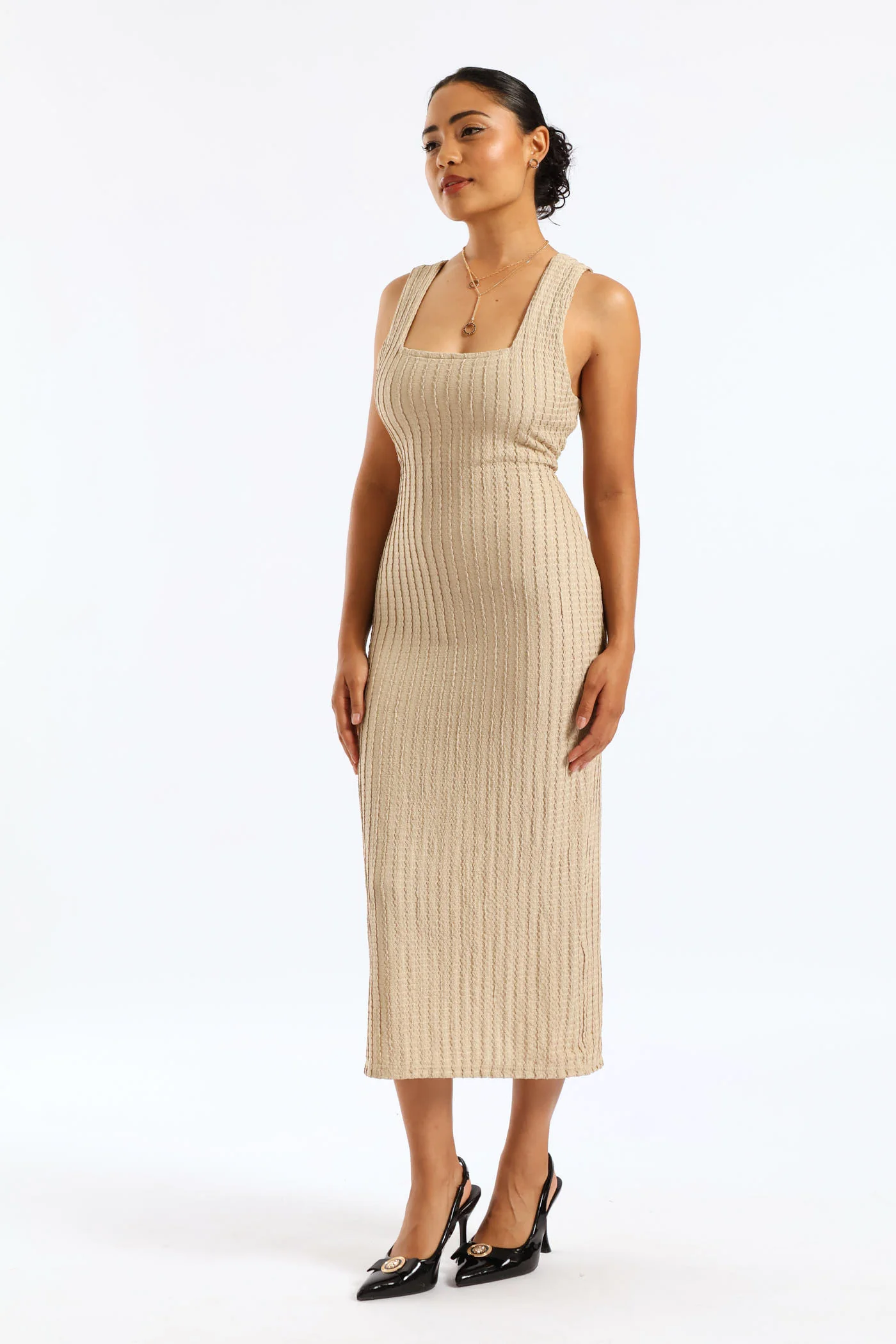 Sleeveless Textured Bodycon Dress - Nude - Image 5
