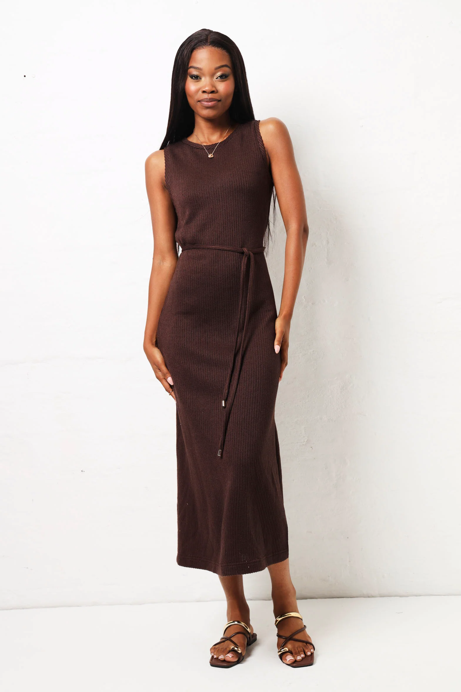 Sleeveless Textured Knit Midi Dress - Chocolate