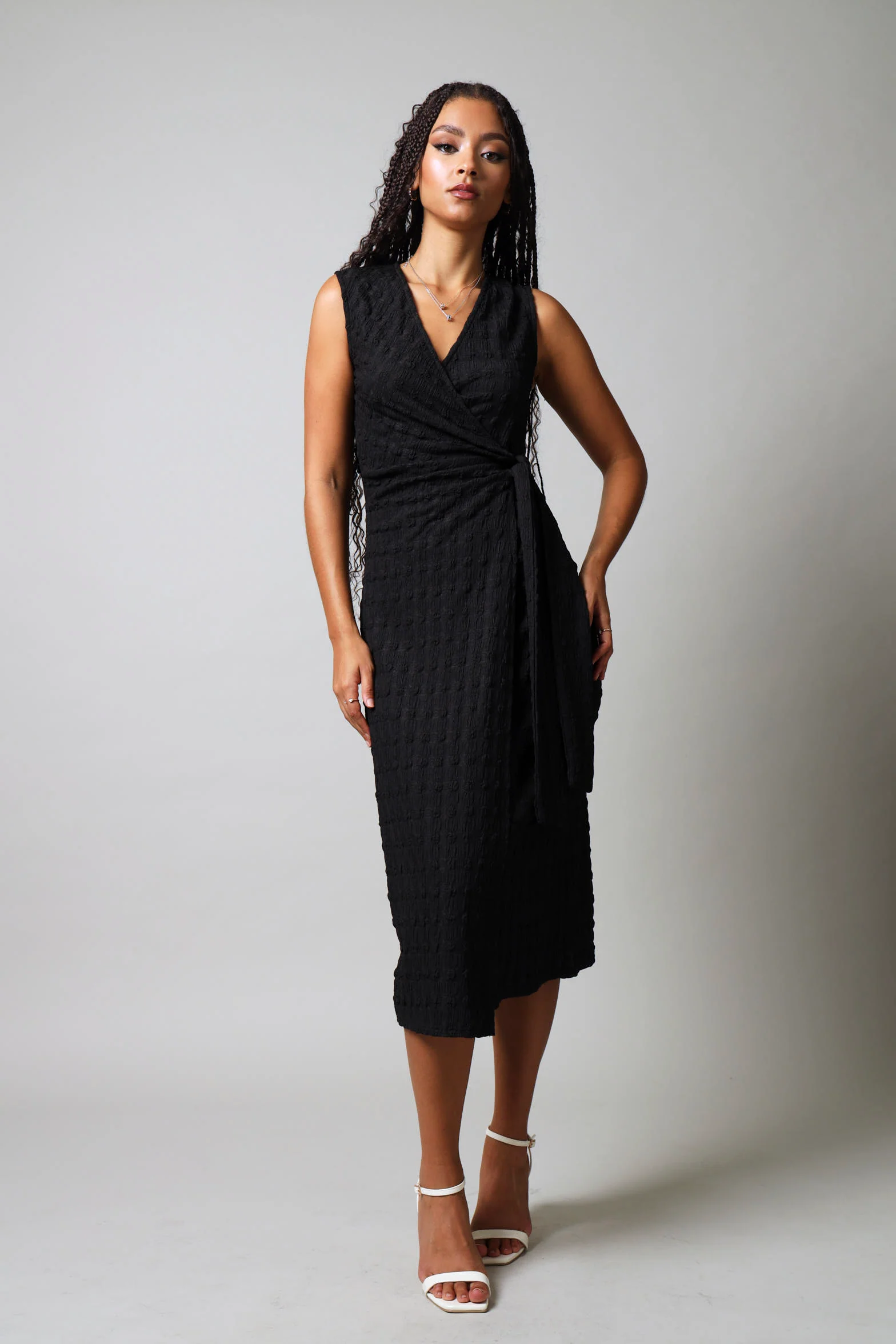 Sleeveless Textured Wrap Dress - Black