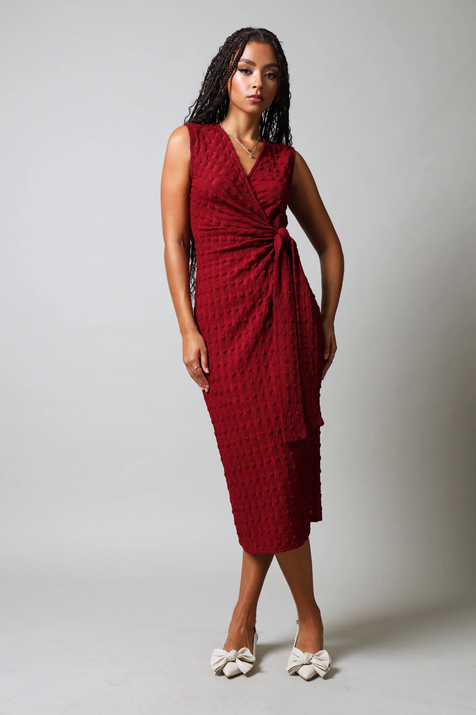 Sleeveless Textured Wrap Dress - Burgundy