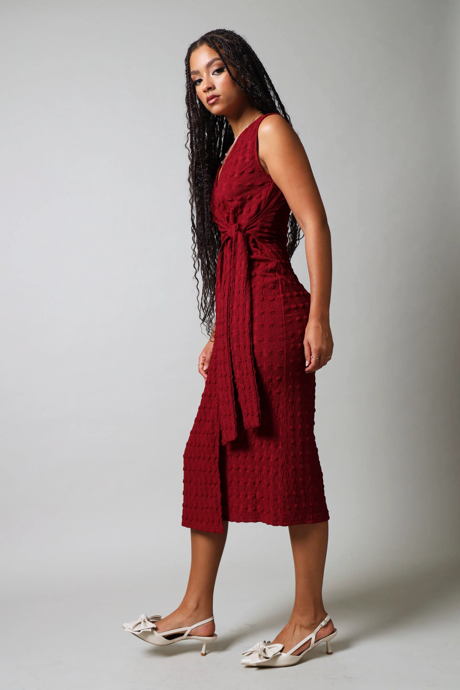 Sleeveless Textured Wrap Dress - Burgundy - Image 2