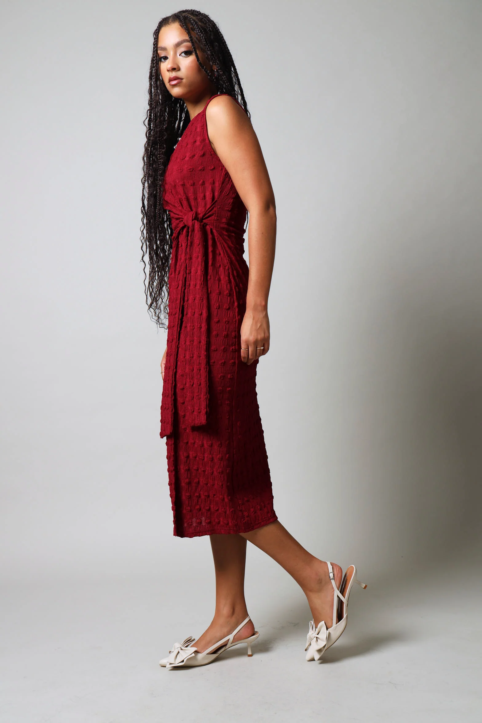 Sleeveless Textured Wrap Dress - Burgundy - Image 6
