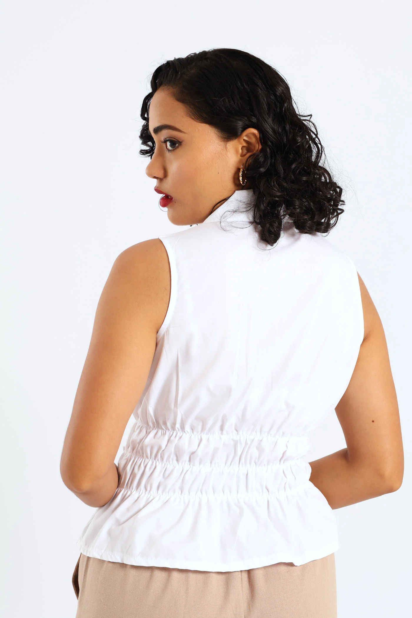 Sleeveless Tie Front Elastic Waist Shirt - White - Image 4