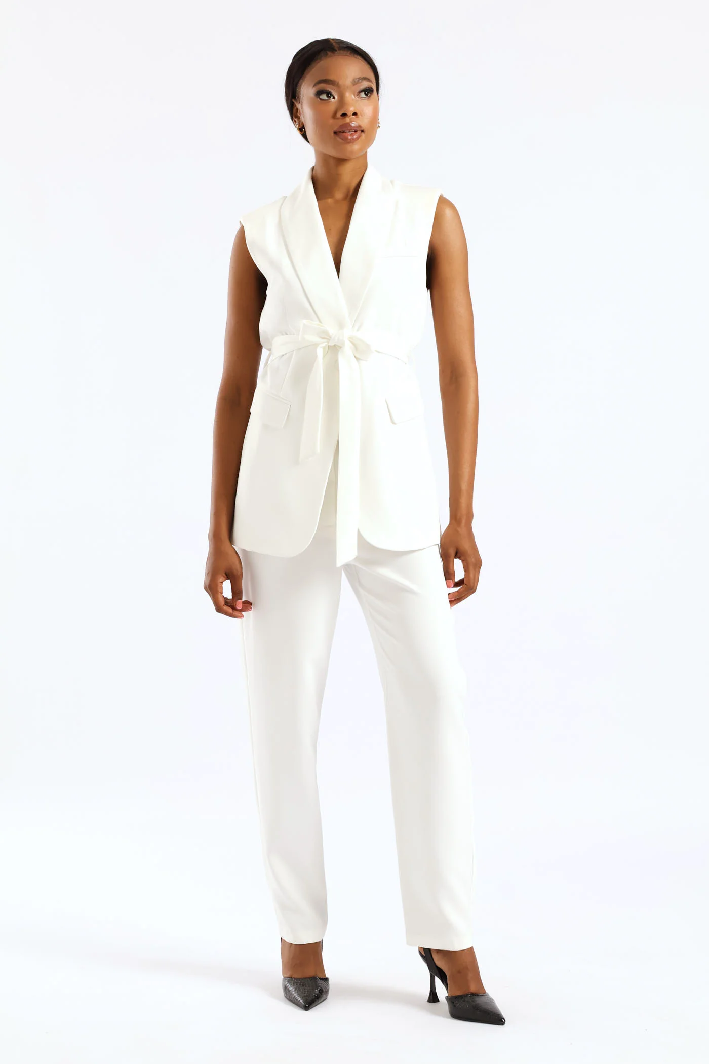 Sleeveless Tie Waist Blazer - White - Image 5