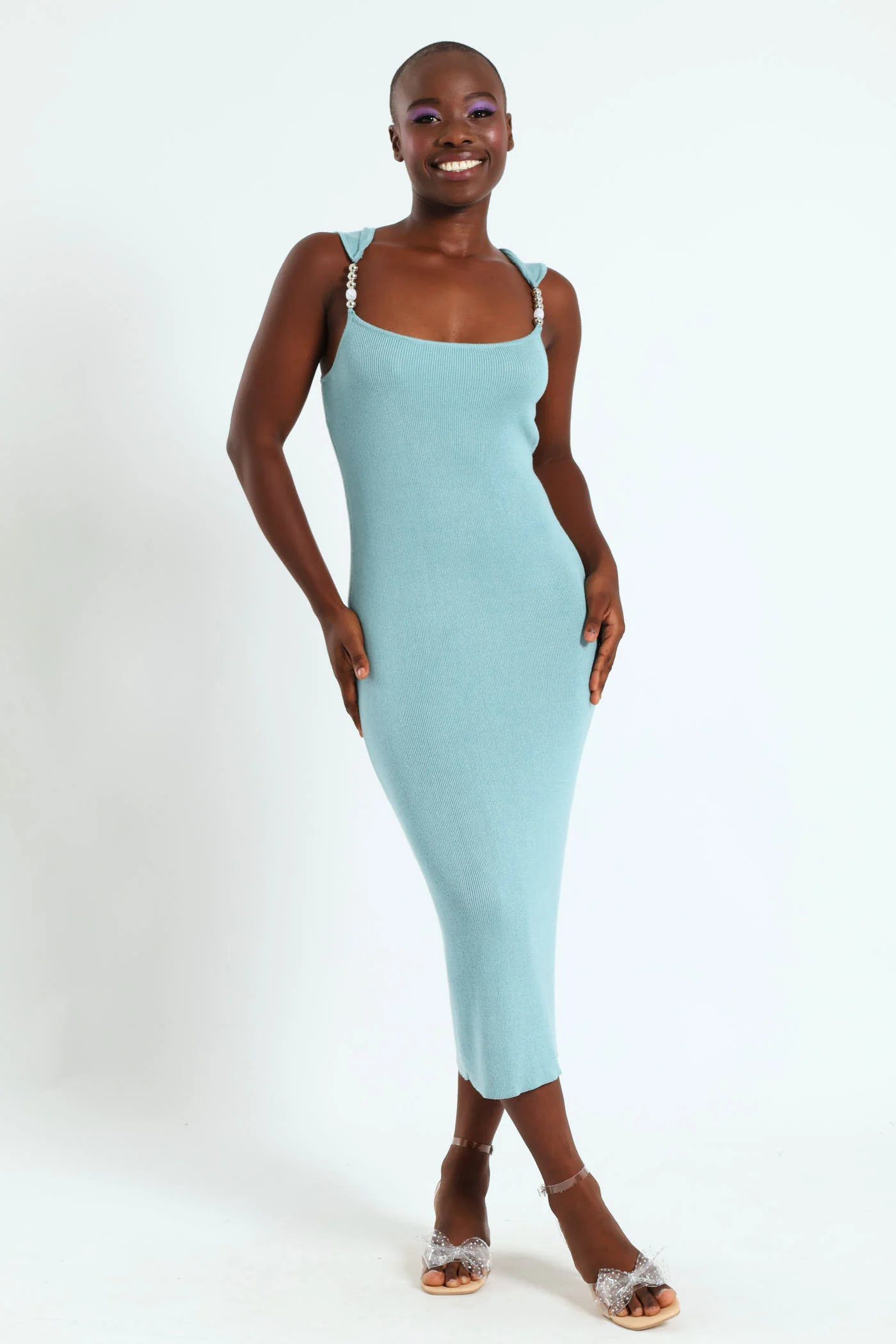 Sleeveless Trim Detail Knitwear Dress - Blue - Image 4