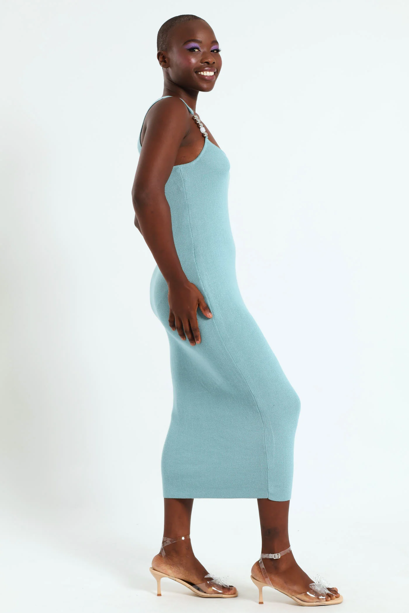 Sleeveless Trim Detail Knitwear Dress - Blue - Image 5