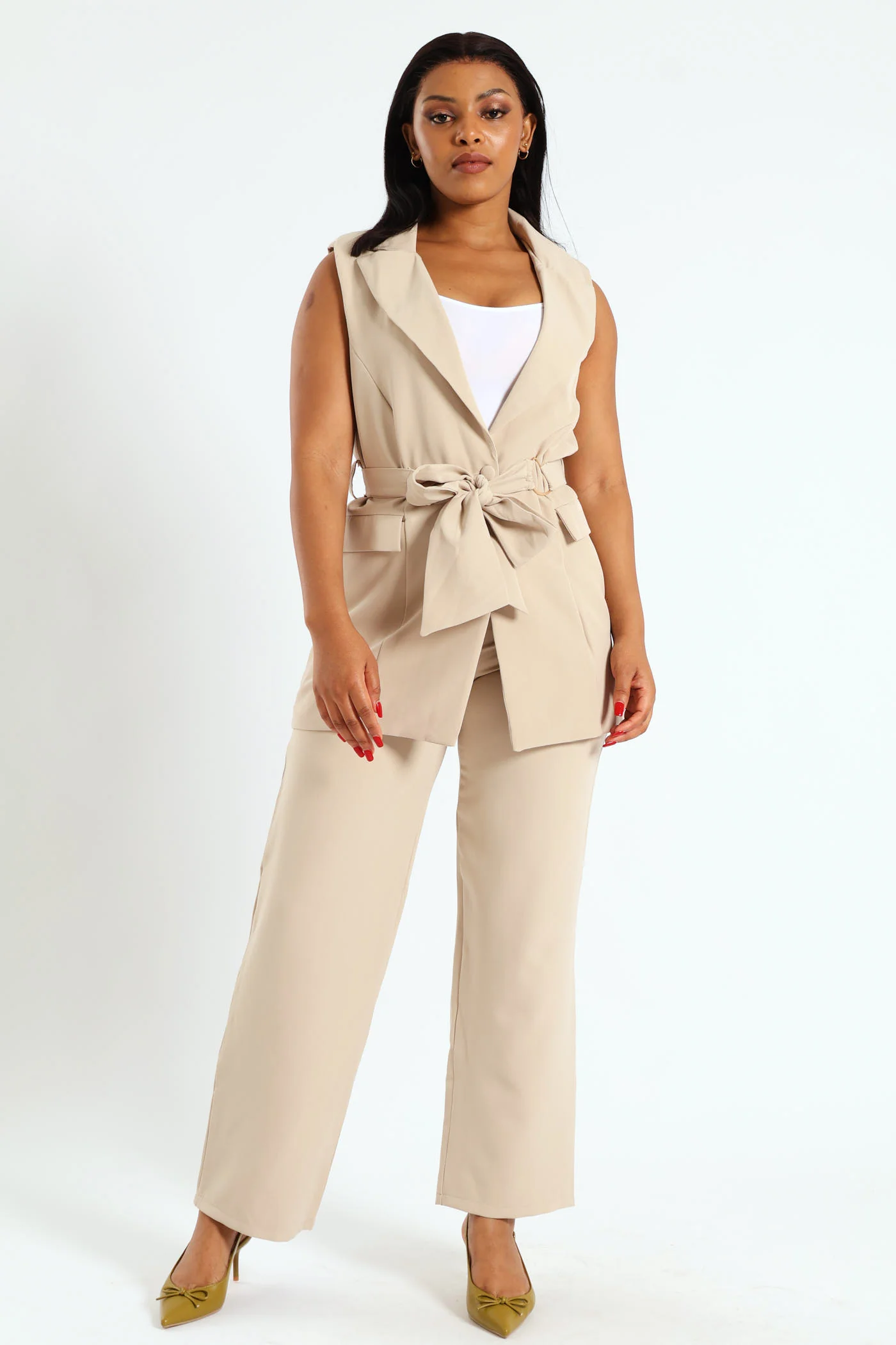 Sleeveless Waist Tie Buckle Detail Blazer - Nude - Image 2