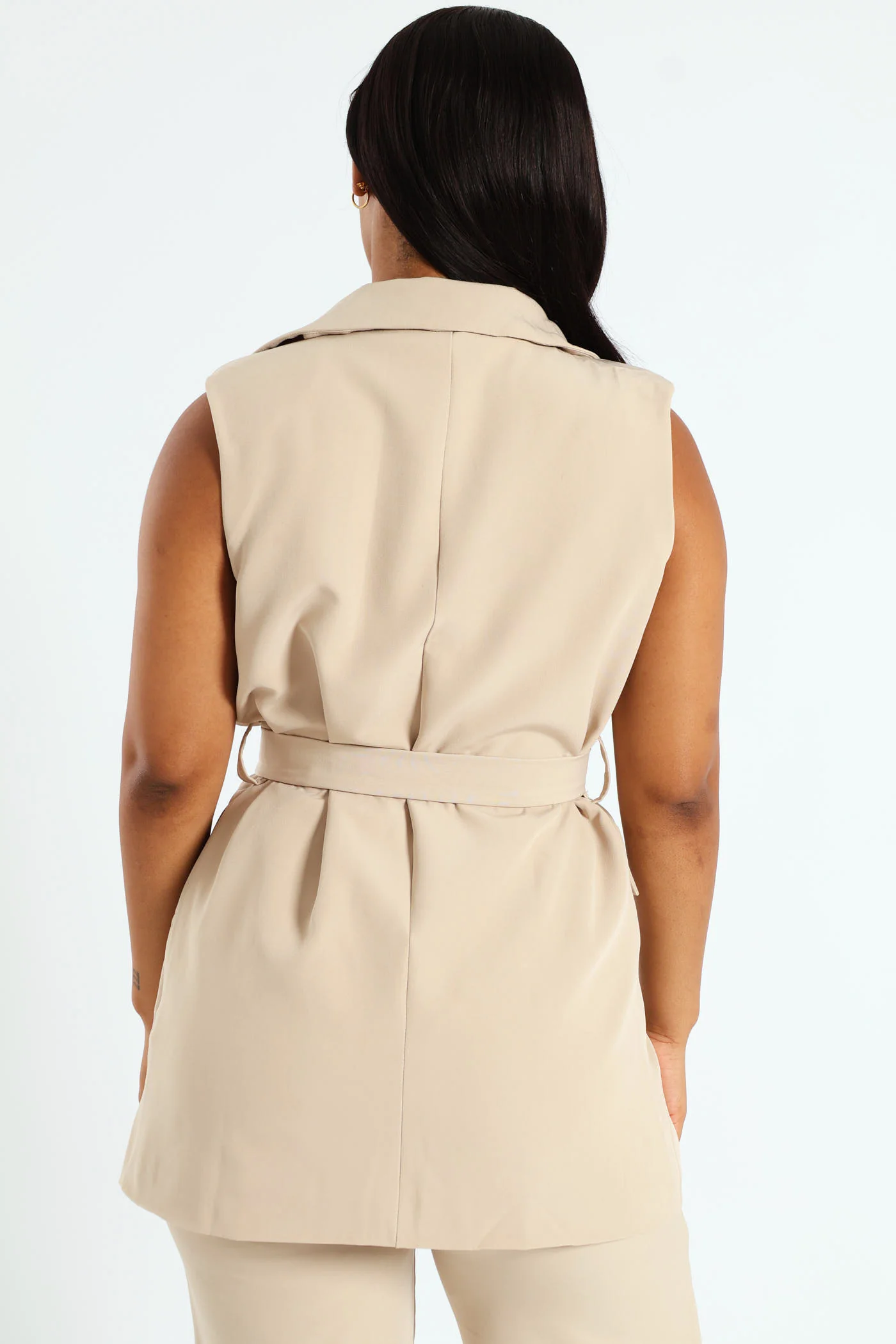 Sleeveless Waist Tie Buckle Detail Blazer - Nude - Image 5