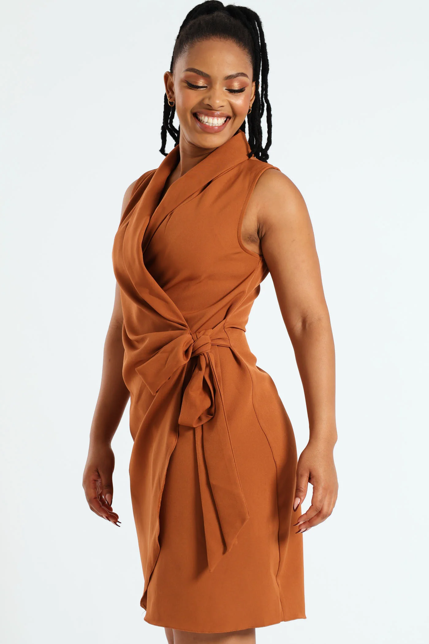 Sleeveless Wrap Blazer Dress - Mocha - Image 4