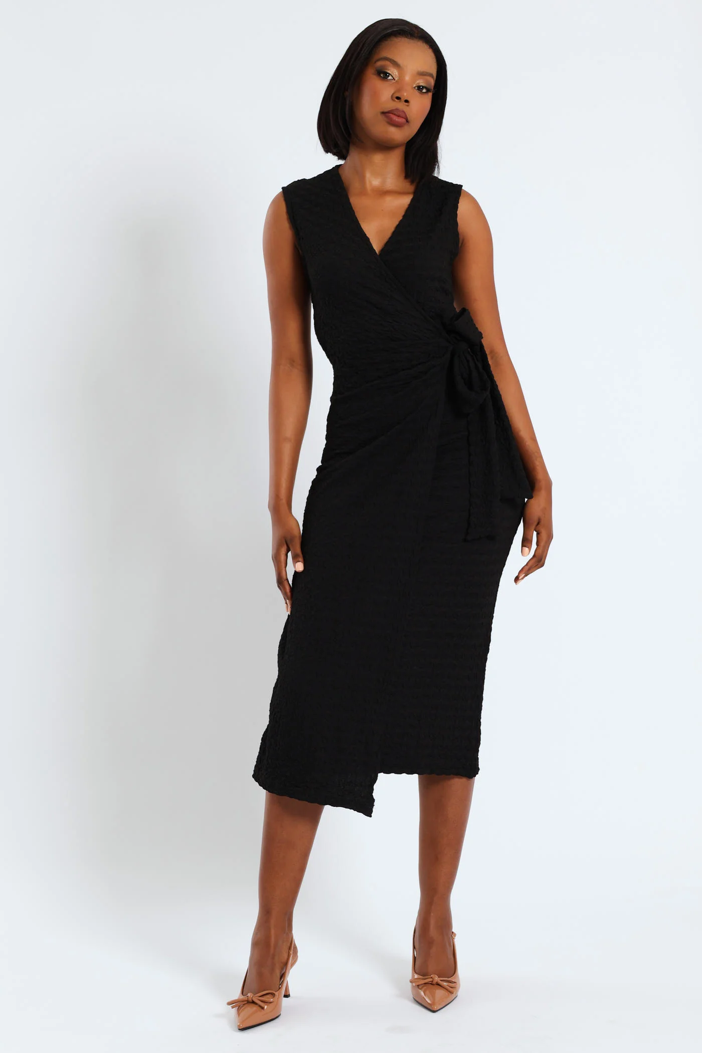 Sleeveless Wrap Textured Knit Dress - Black - Image 3