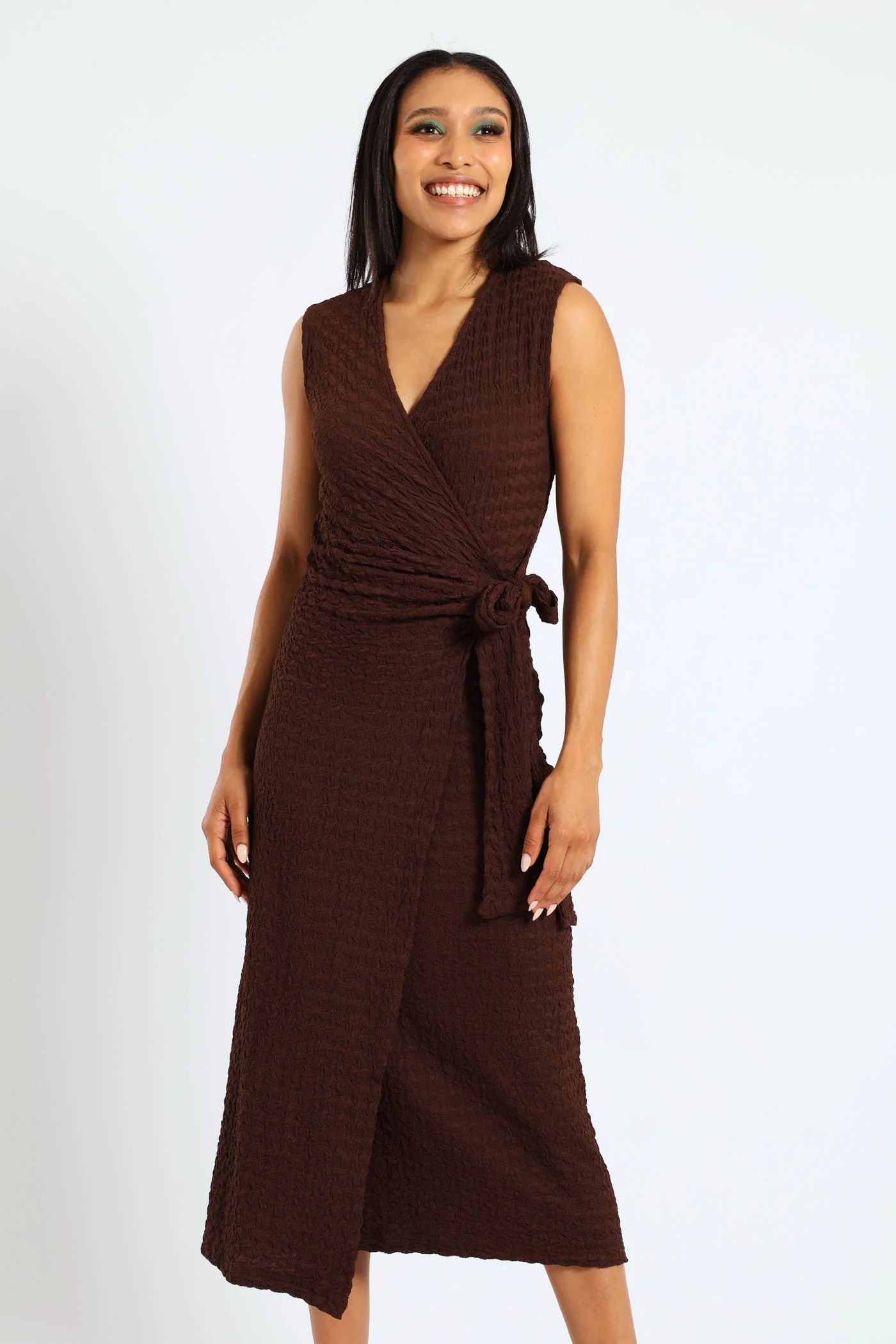 Sleeveless Wrap Textured Knit Dress - Brown