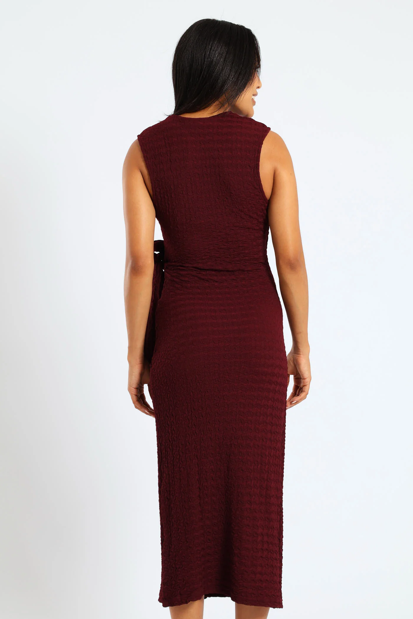 Sleeveless Wrap Textured Knit Dress - Burgundy - Image 4