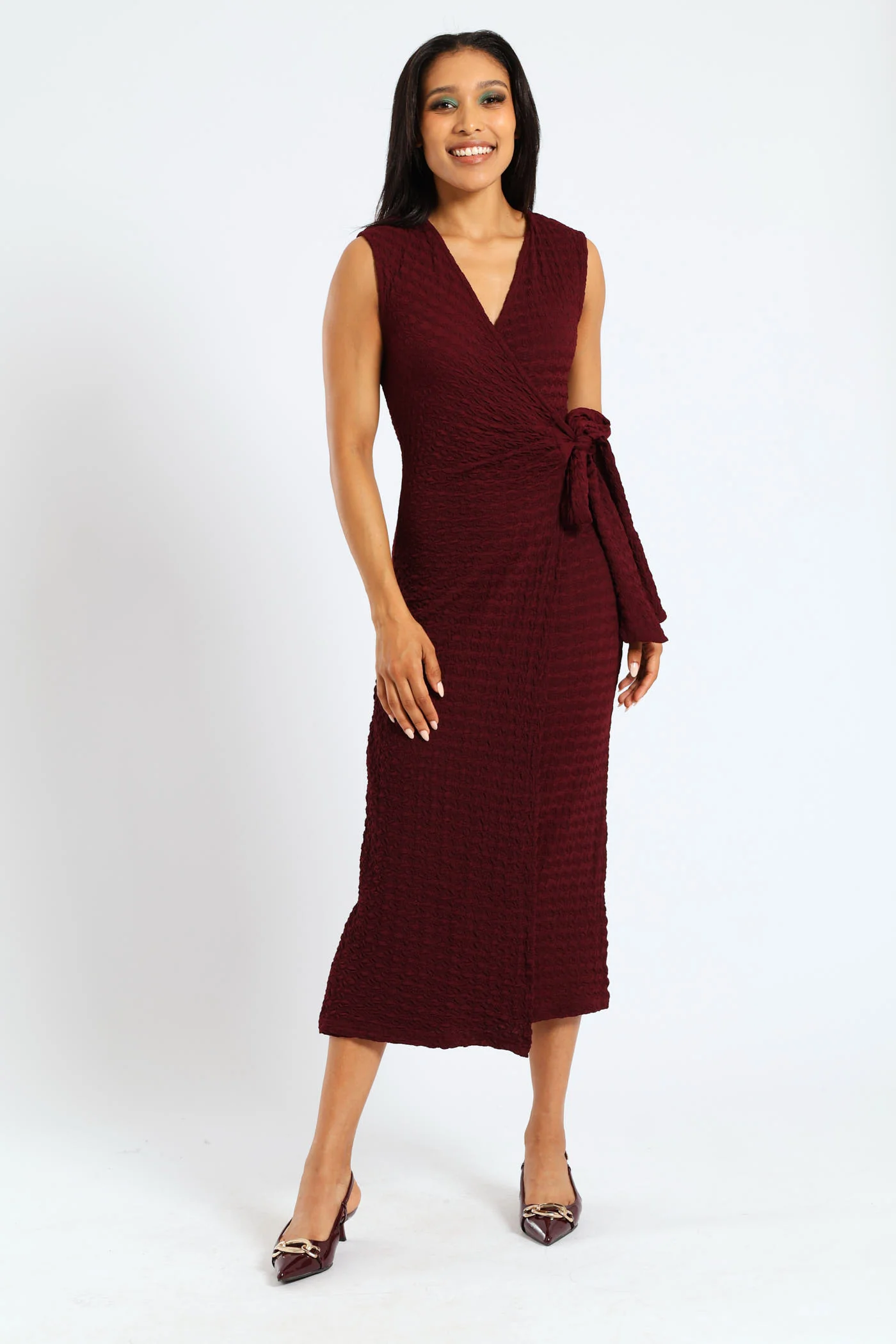Sleeveless Wrap Textured Knit Dress - Burgundy - Image 5