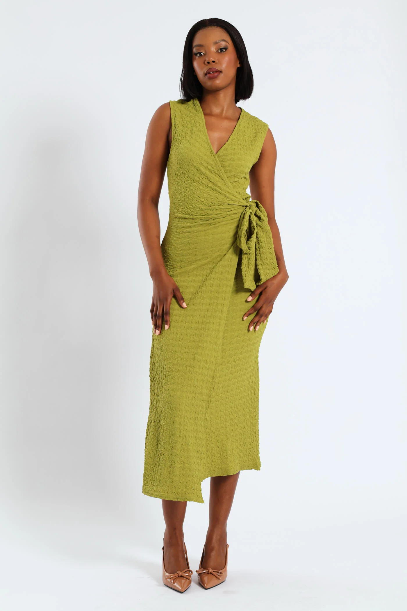 Sleeveless Wrap Textured Knit Dress - Chartreuse