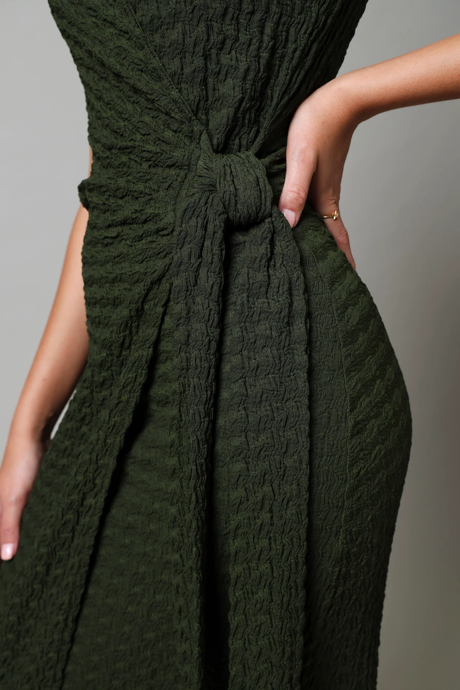 Sleeveless Wrap Textured Knit Dress- Fatigue - Image 3