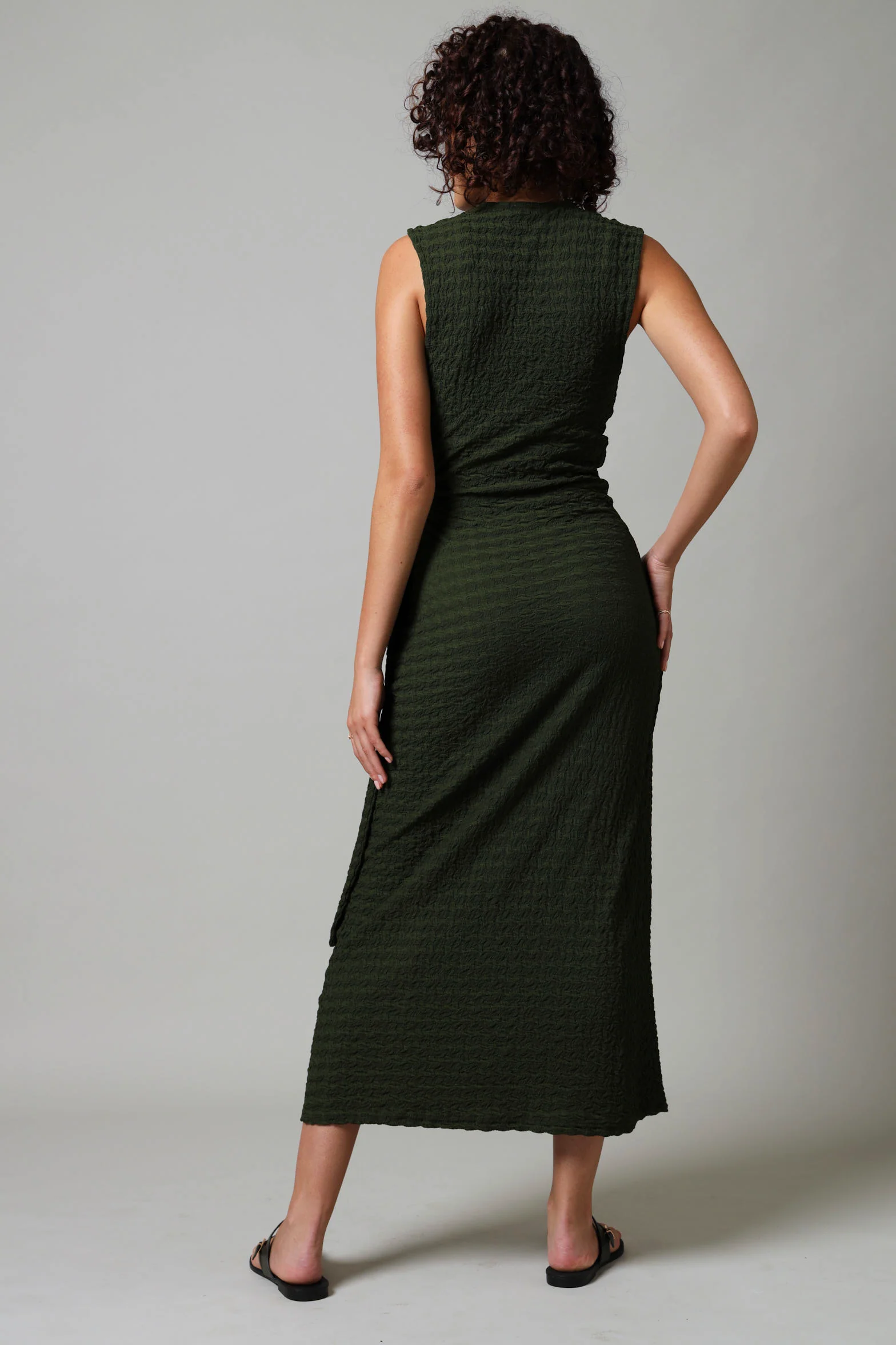 Sleeveless Wrap Textured Knit Dress- Fatigue - Image 4