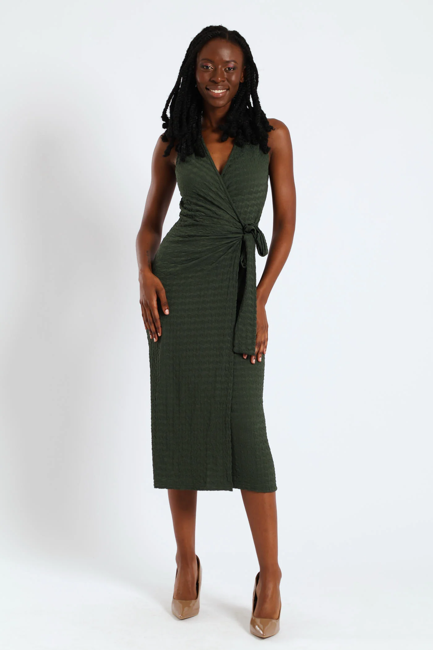 Sleeveless Wrap Textured Knit Dress - Olive - Image 5