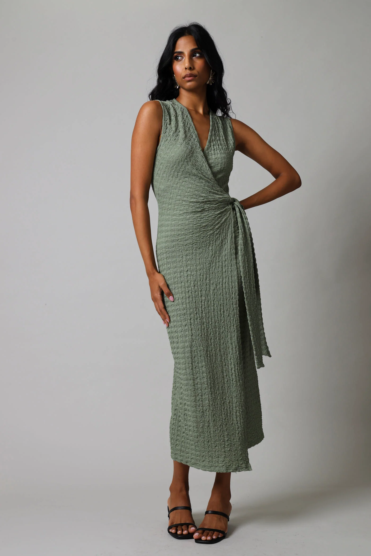 Sleeveless Wrap Textured Knit Dress - Sage